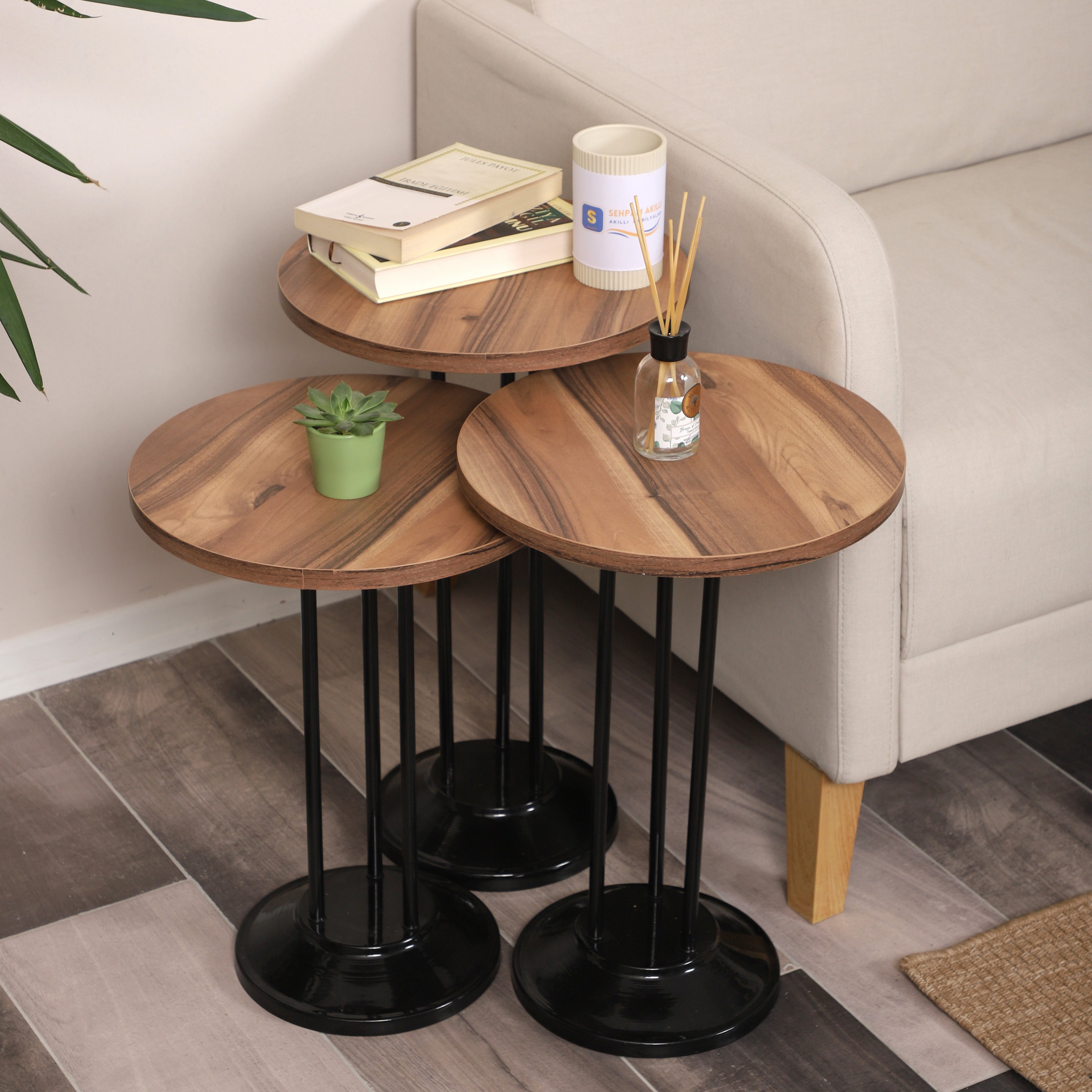 Marbella Nesting Table Series - Urartu MDF Top, Black Iron Mechanism