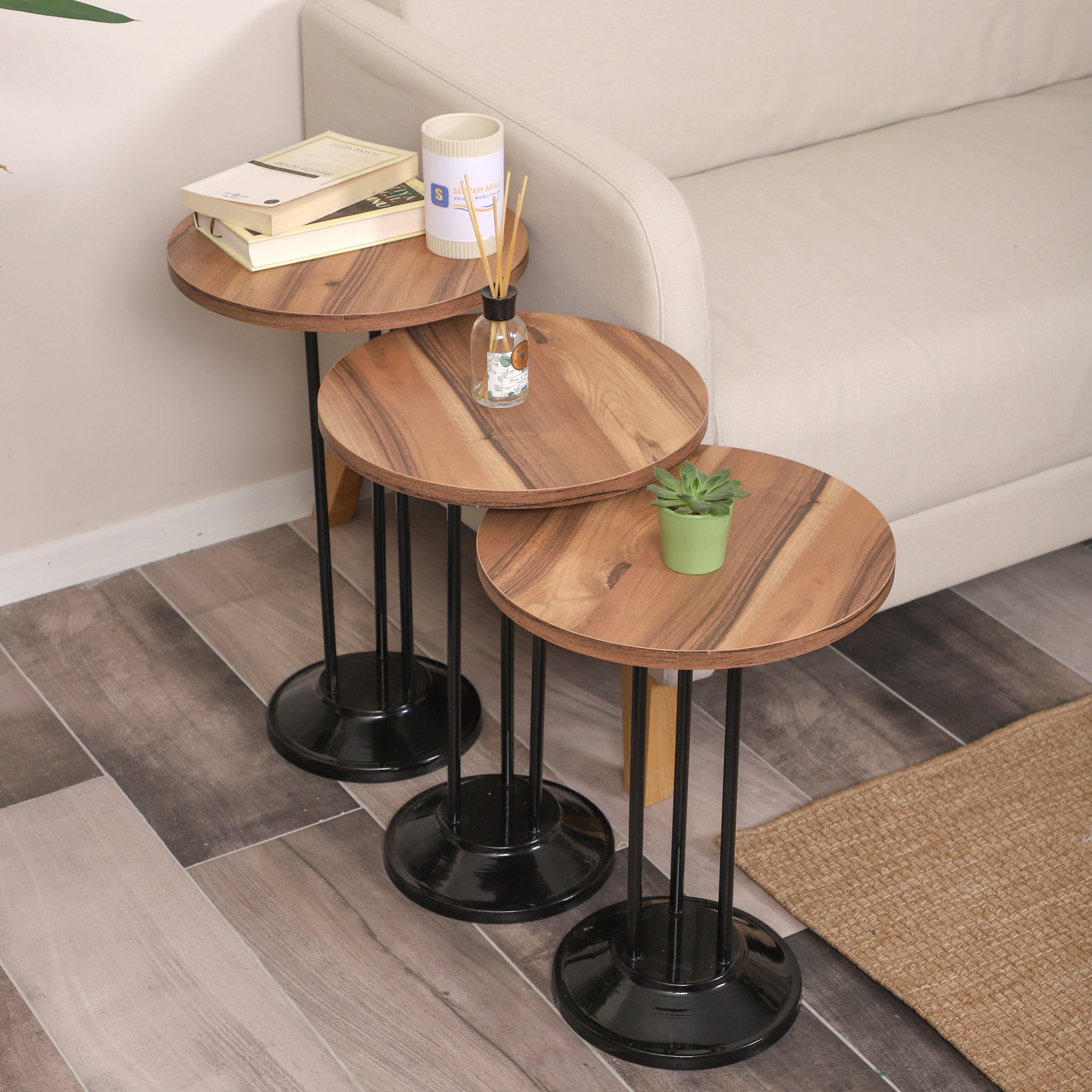Marbella Nesting Table Series - Urartu MDF Top, Black Iron Mechanism