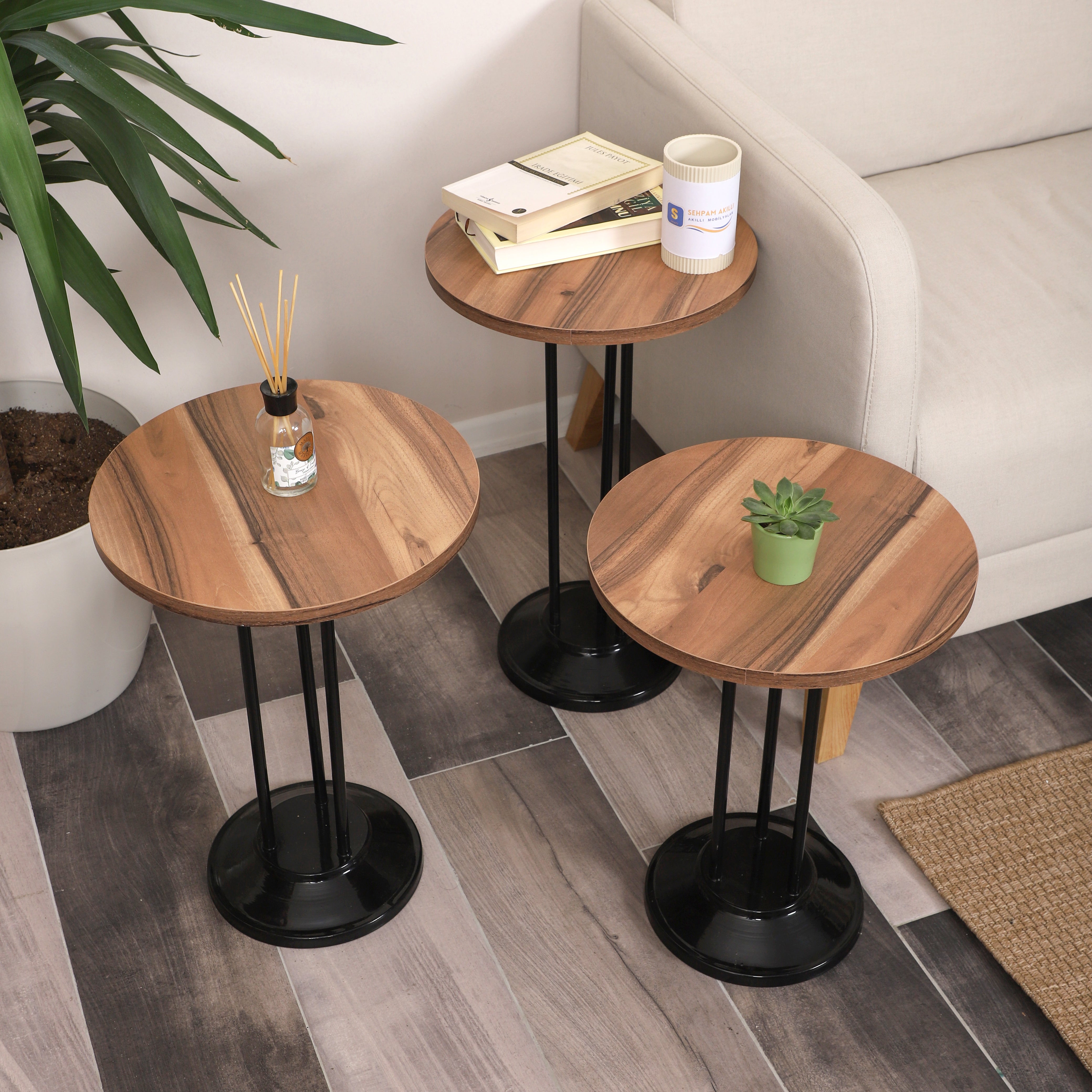 Marbella Nesting Table Series - Urartu MDF Top, Black Iron Mechanism