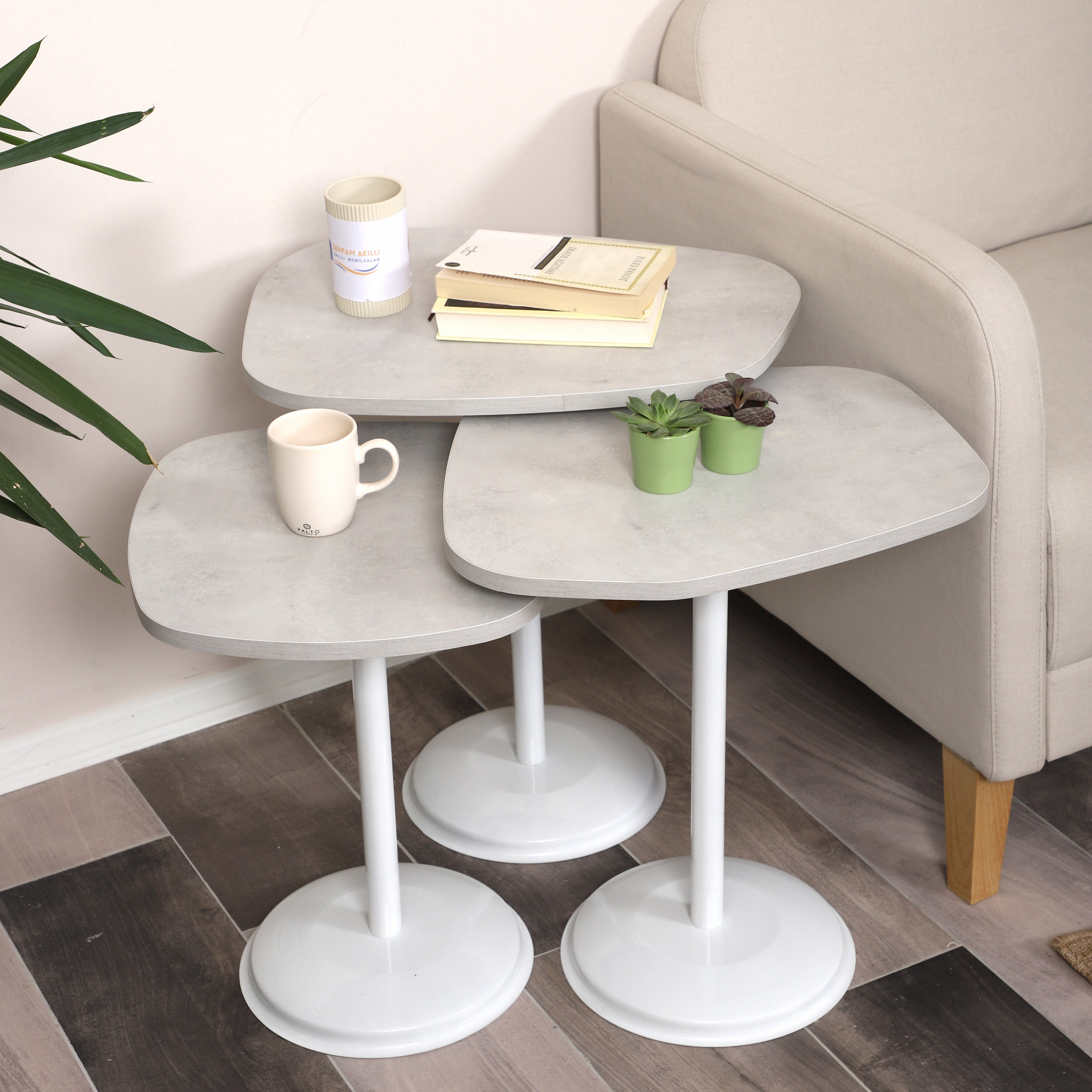 SilvaVera Nesting Table Series - Retro Stone MDF Top, White Iron Mechanism