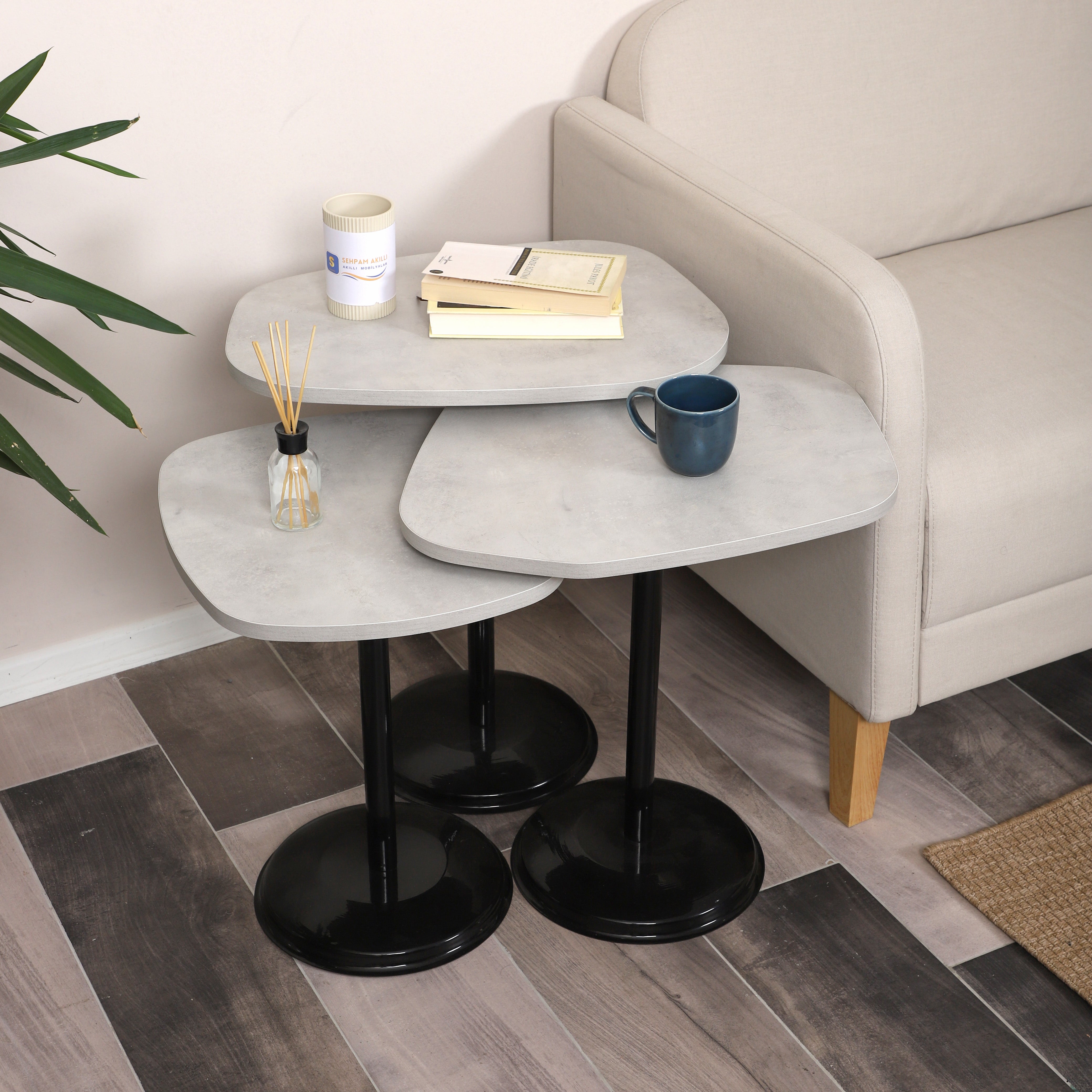 SilvaVera Nesting Table Series - Retro Stone MDF Top, Black Iron Mechanism