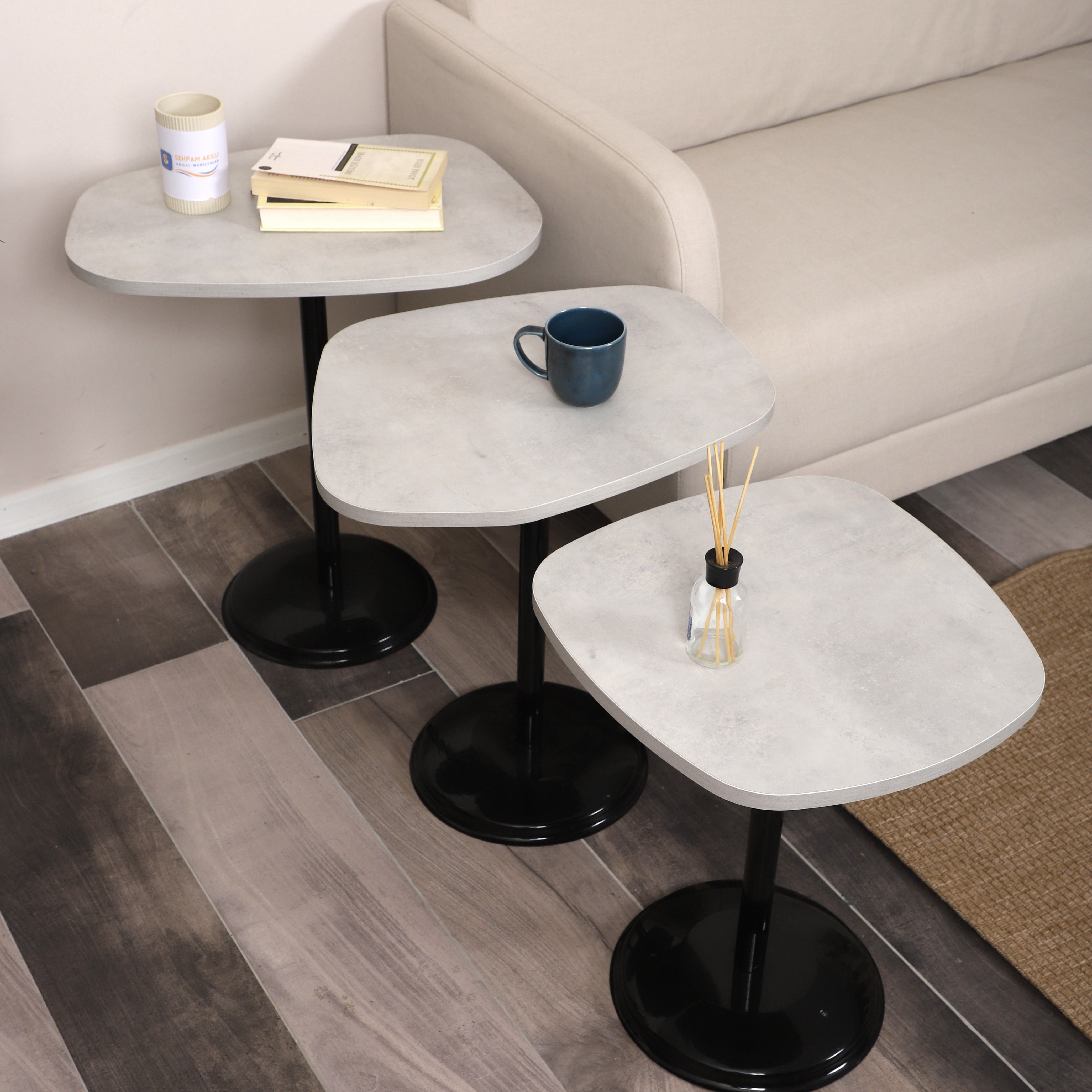 SilvaVera Nesting Table Series - Retro Stone MDF Top, Black Iron Mechanism