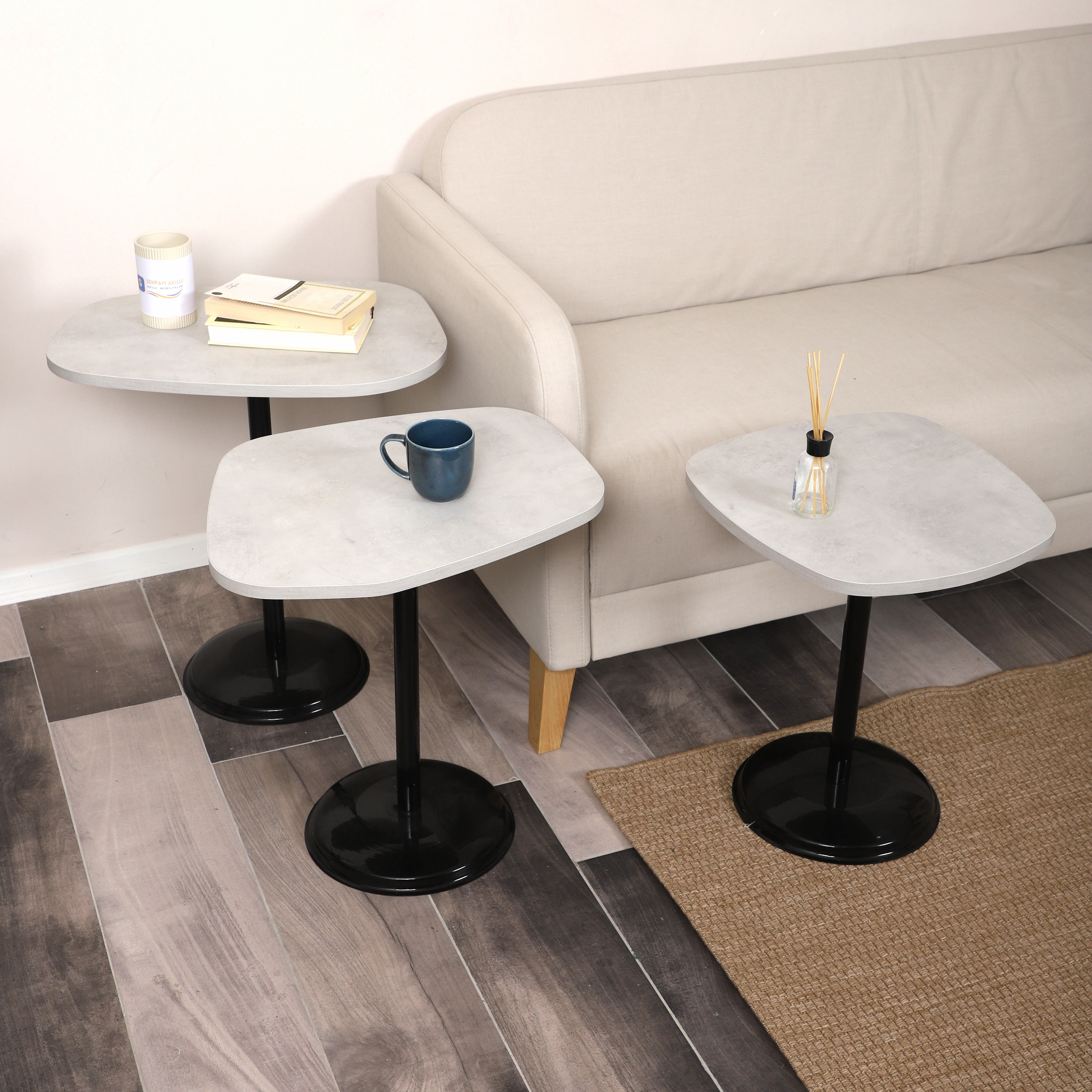 SilvaVera Nesting Table Series - Retro Stone MDF Top, Black Iron Mechanism