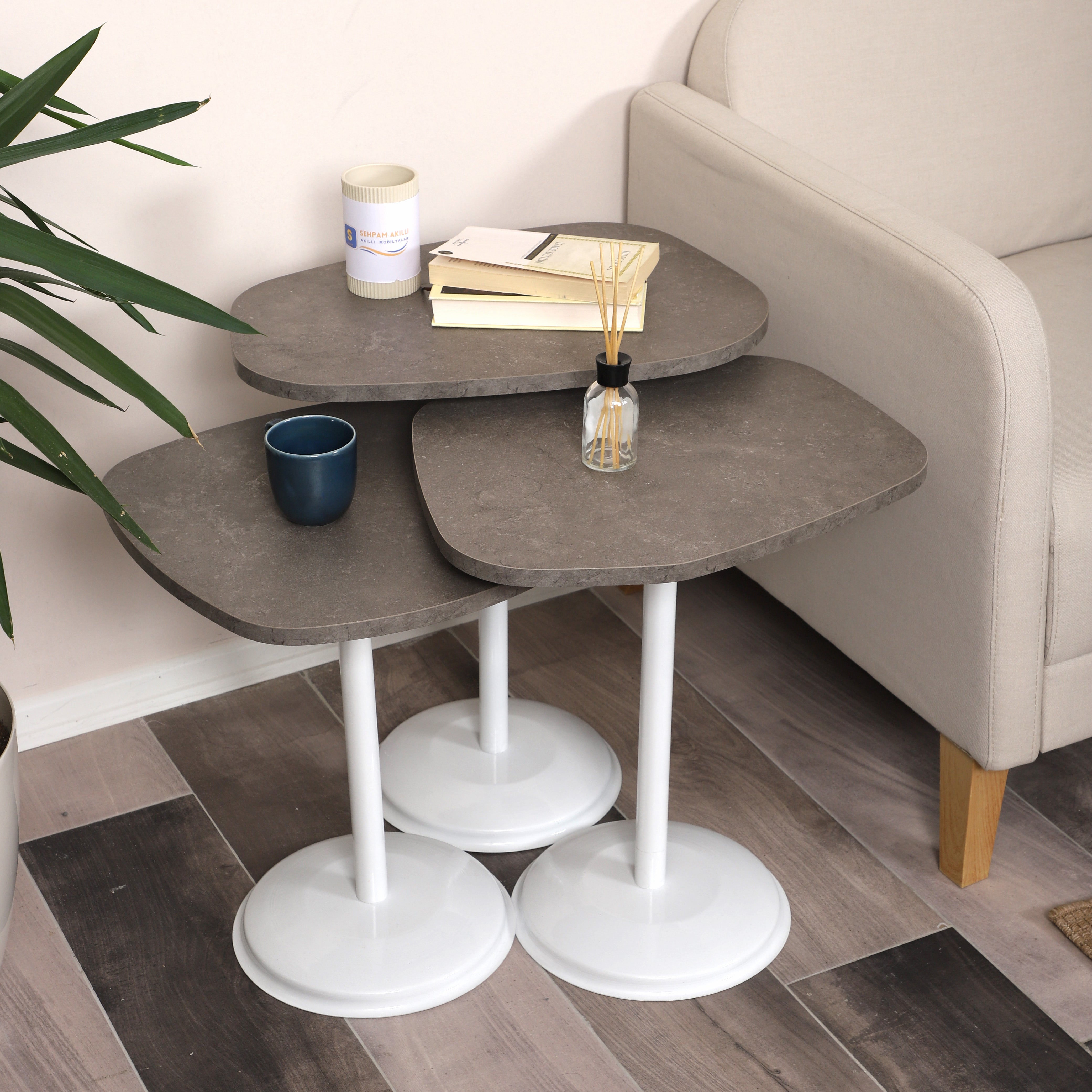 SilvaVera Nesting Table Series - Milled Latte MDF Top, White Iron Mechanism