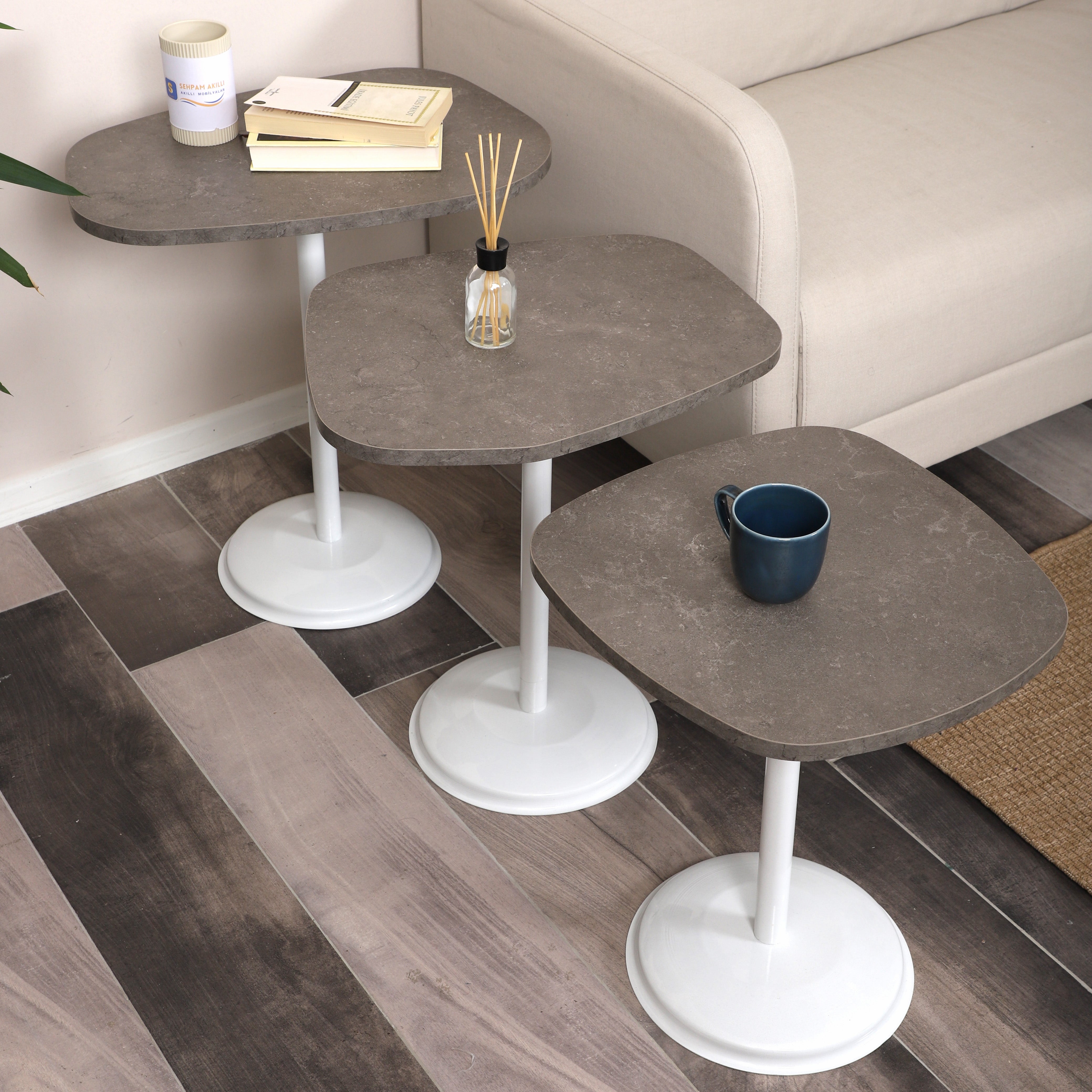 SilvaVera Nesting Table Series - Milled Latte MDF Top, White Iron Mechanism
