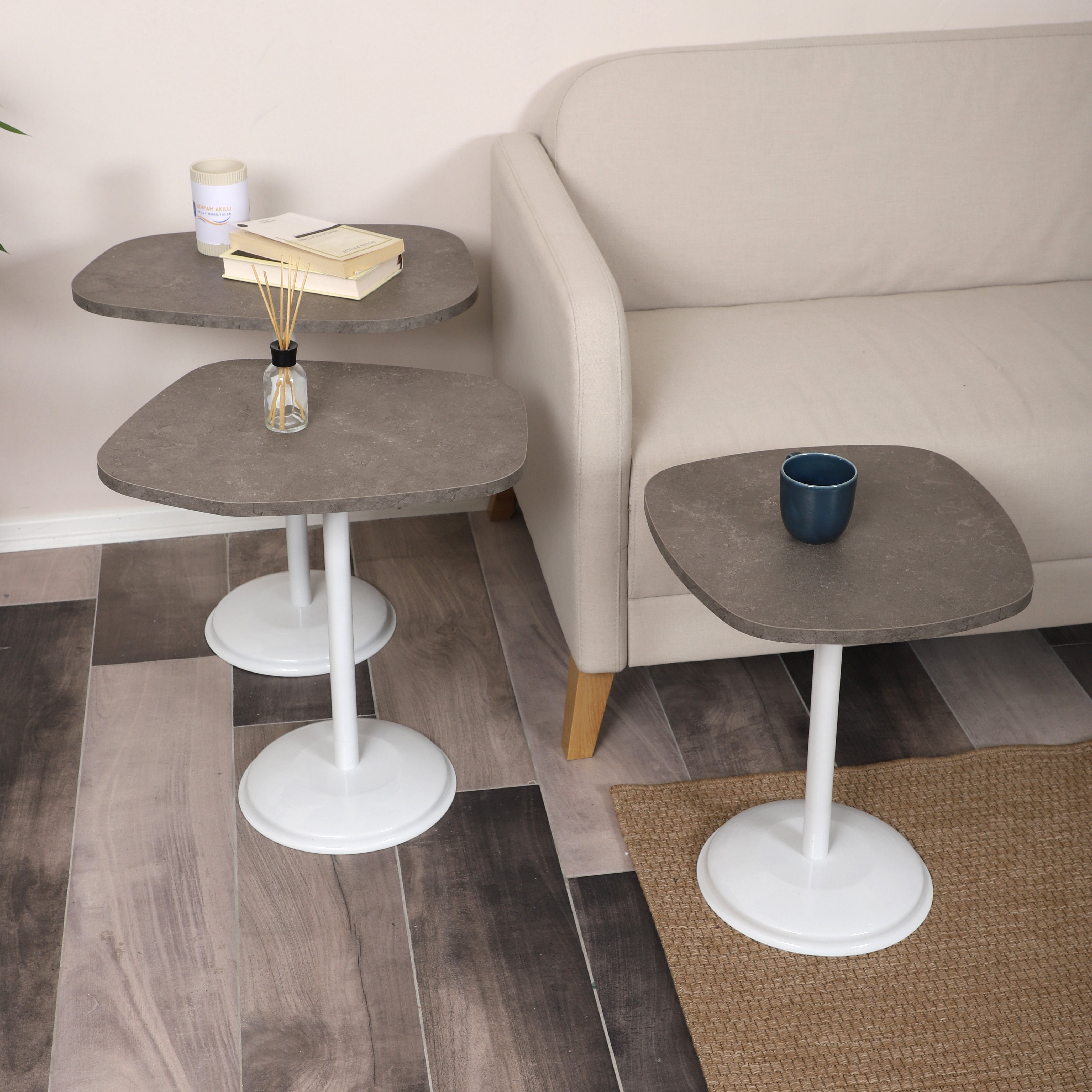 SilvaVera Nesting Table Series - Milled Latte MDF Top, White Iron Mechanism