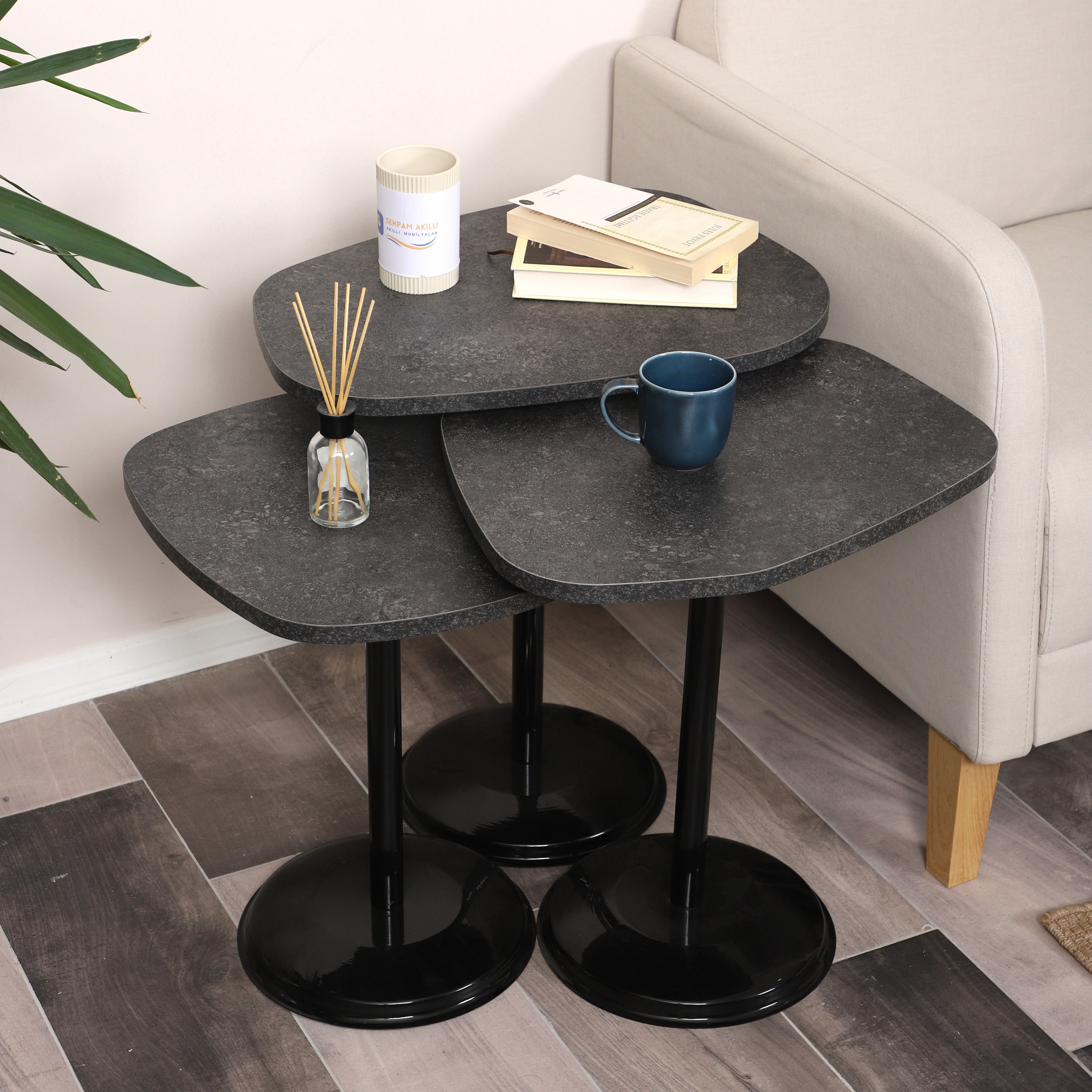 SilvaVera Nesting Table Series - Milled Anthracite MDF Top, Black Iron Mechanism