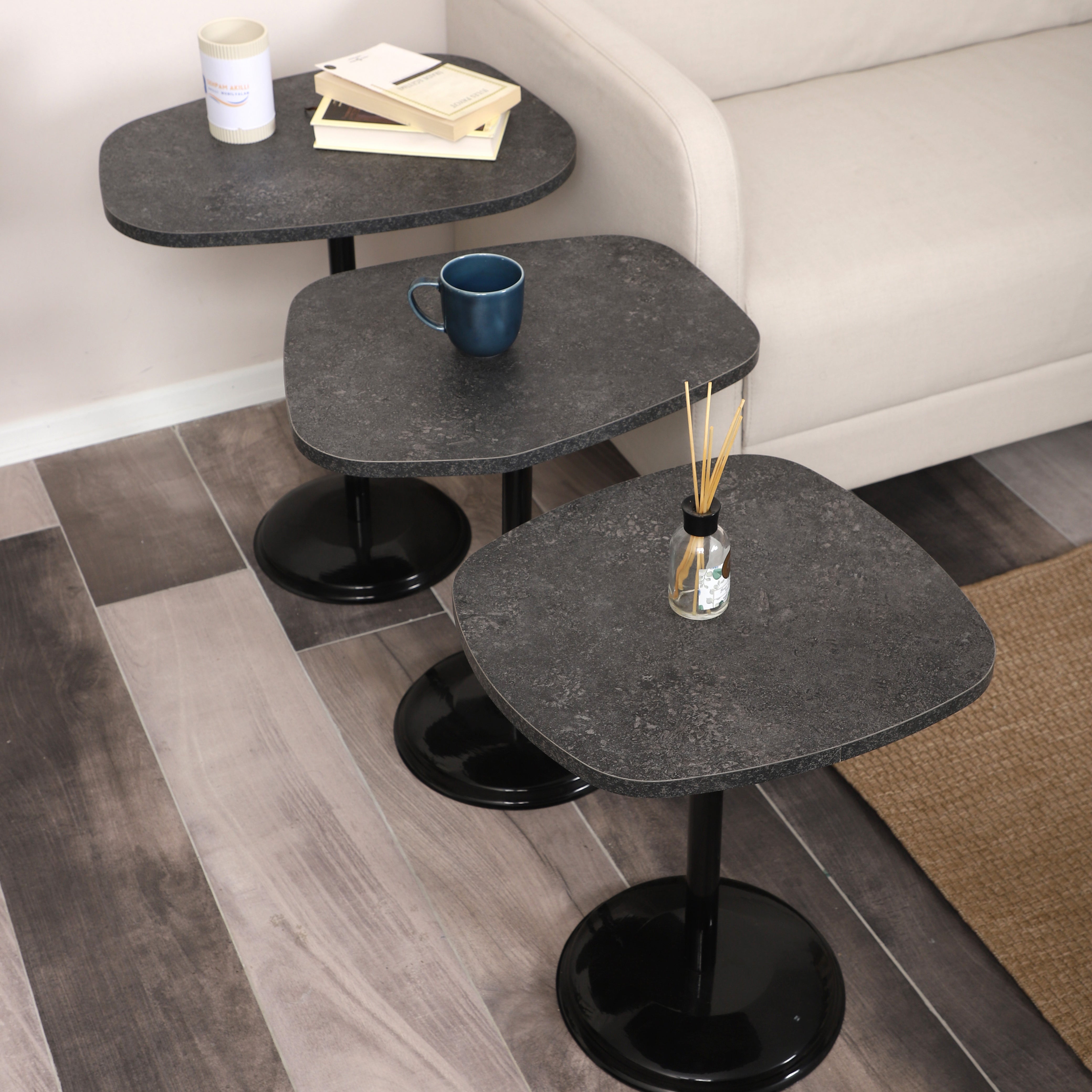 SilvaVera Nesting Table Series - Milled Anthracite MDF Top, Black Iron Mechanism