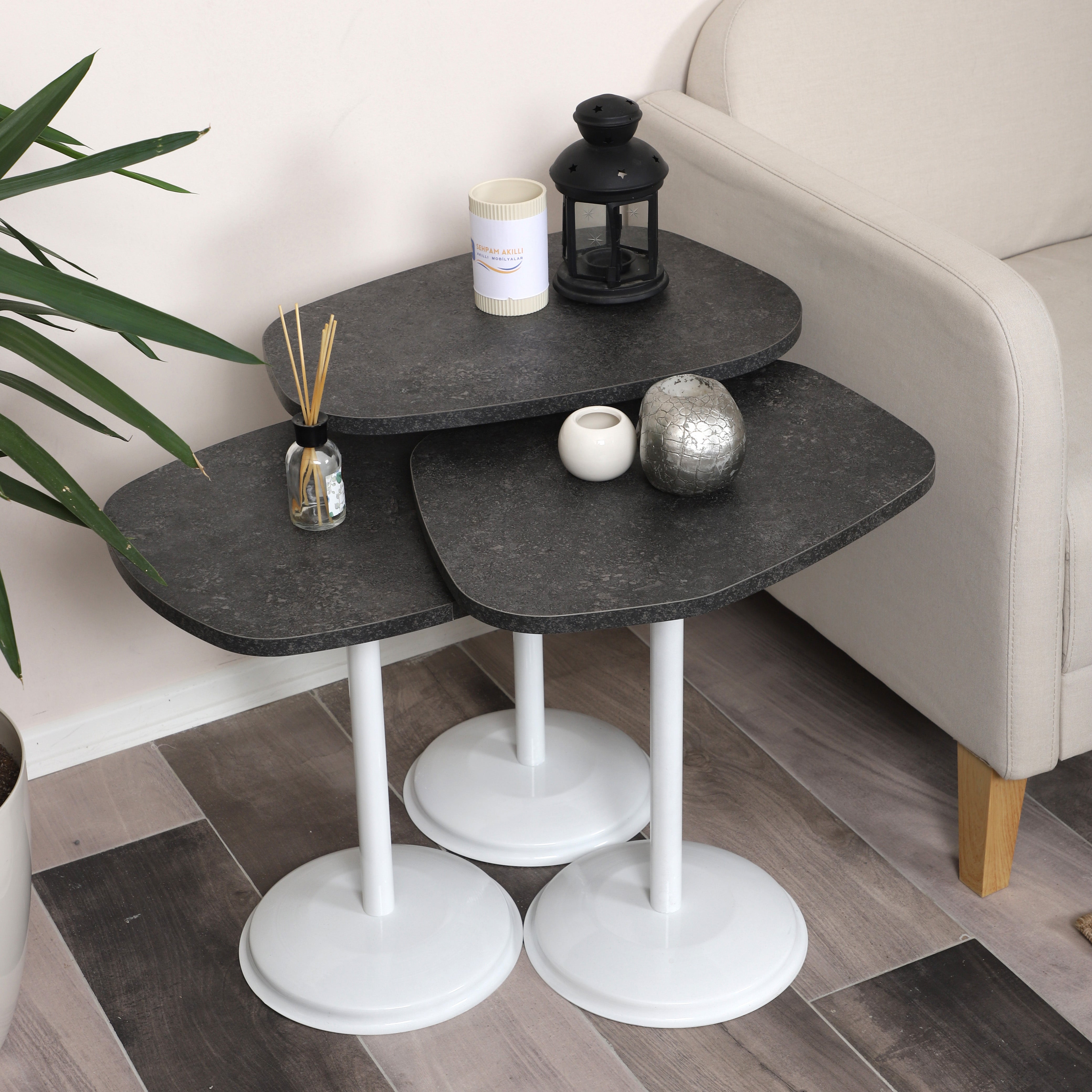 SilvaVera Nesting Table Series - Milled Anthracite MDF Top, White Iron Mechanism