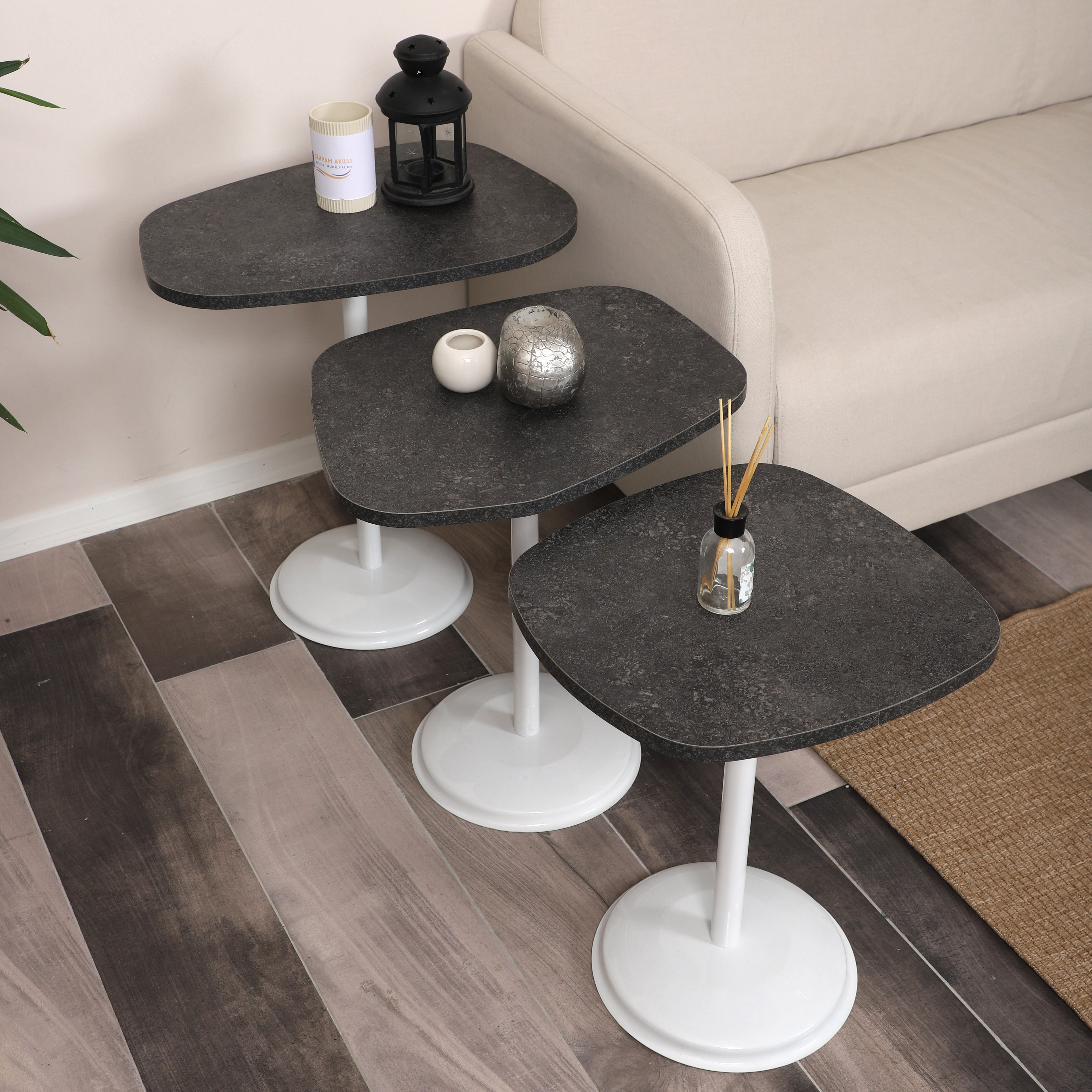 SilvaVera Nesting Table Series - Milled Anthracite MDF Top, White Iron Mechanism