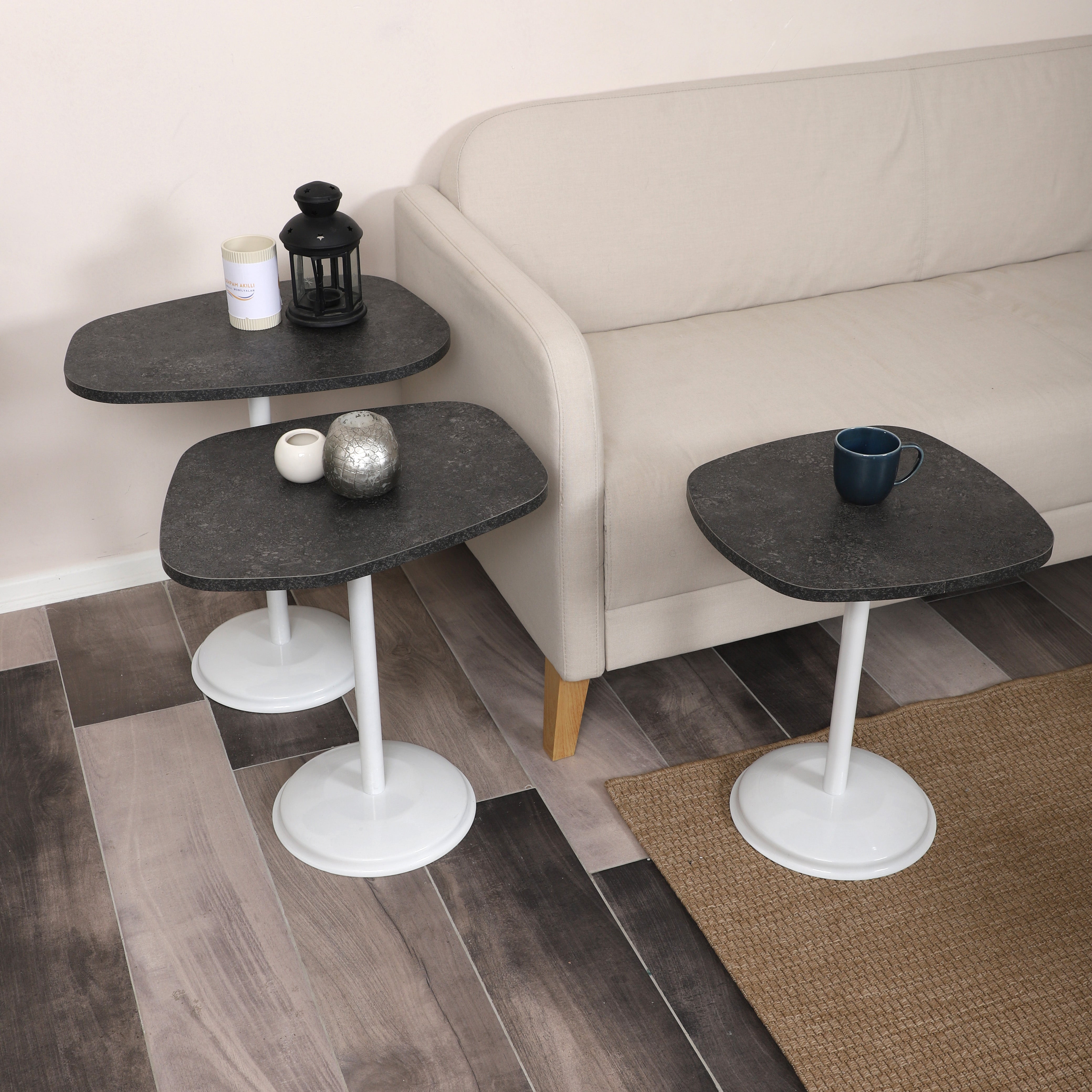 SilvaVera Nesting Table Series - Milled Anthracite MDF Top, White Iron Mechanism
