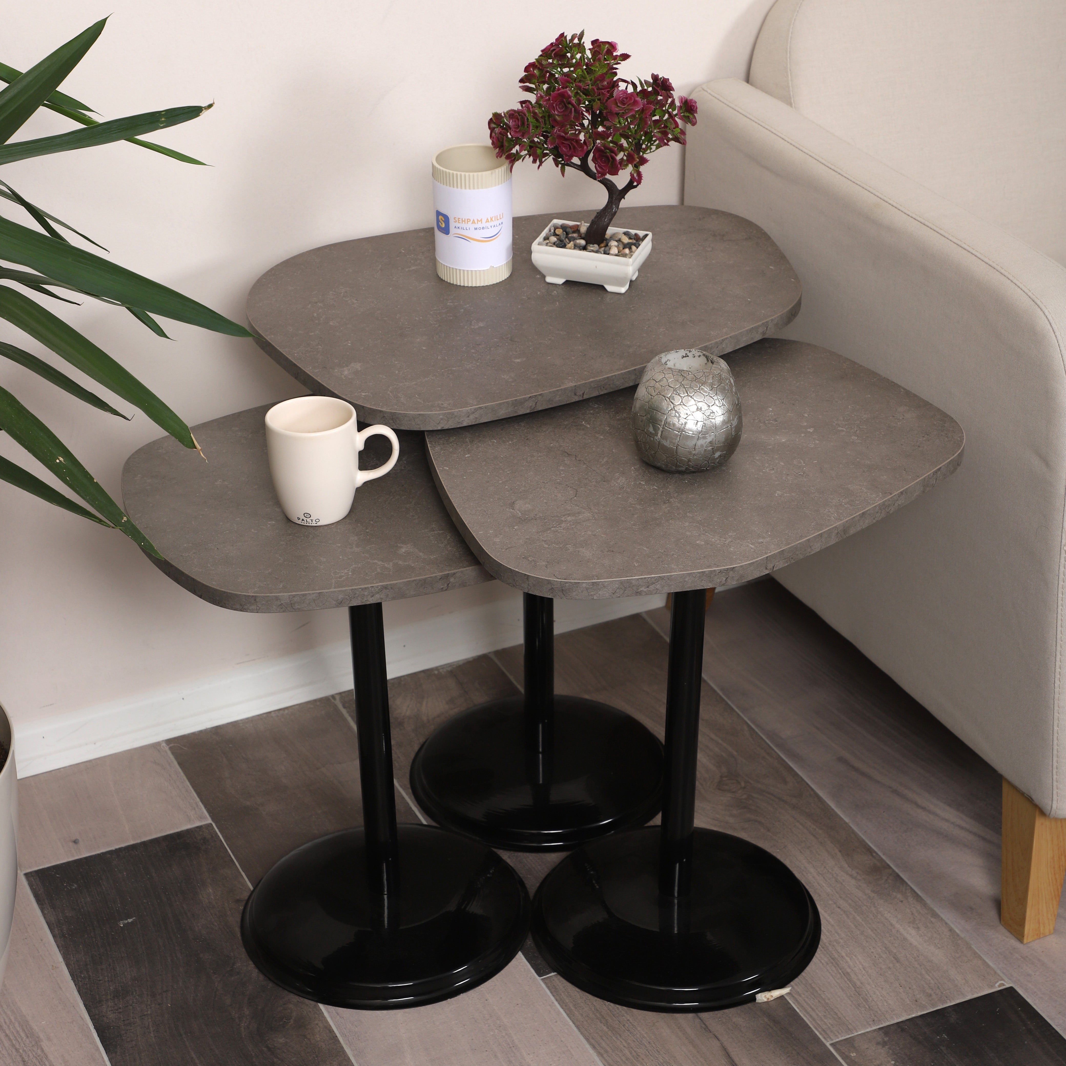 SilvaVera Nesting Table Series - Milled Latte MDF Top, Black Iron Mechanism