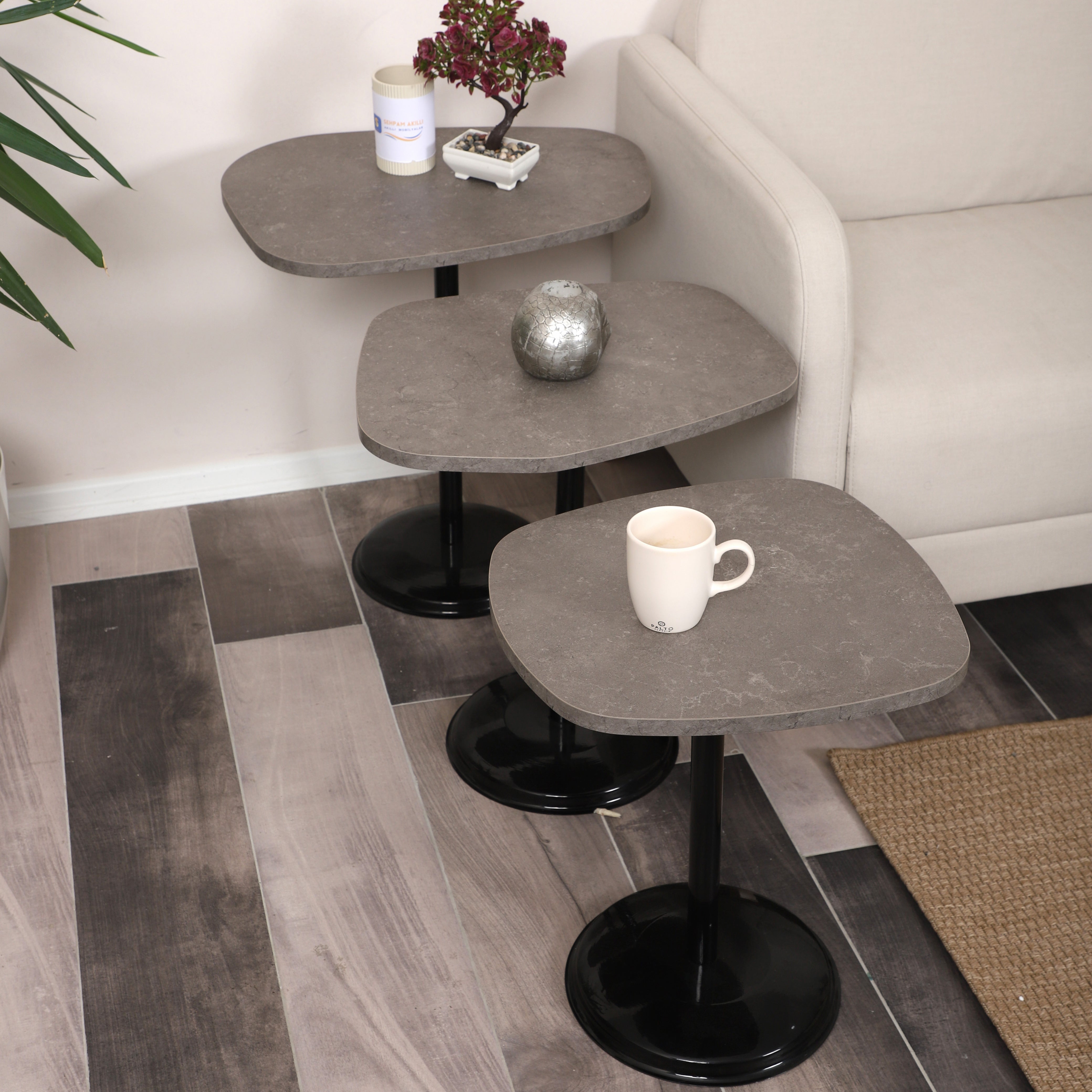 SilvaVera Nesting Table Series - Milled Latte MDF Top, Black Iron Mechanism