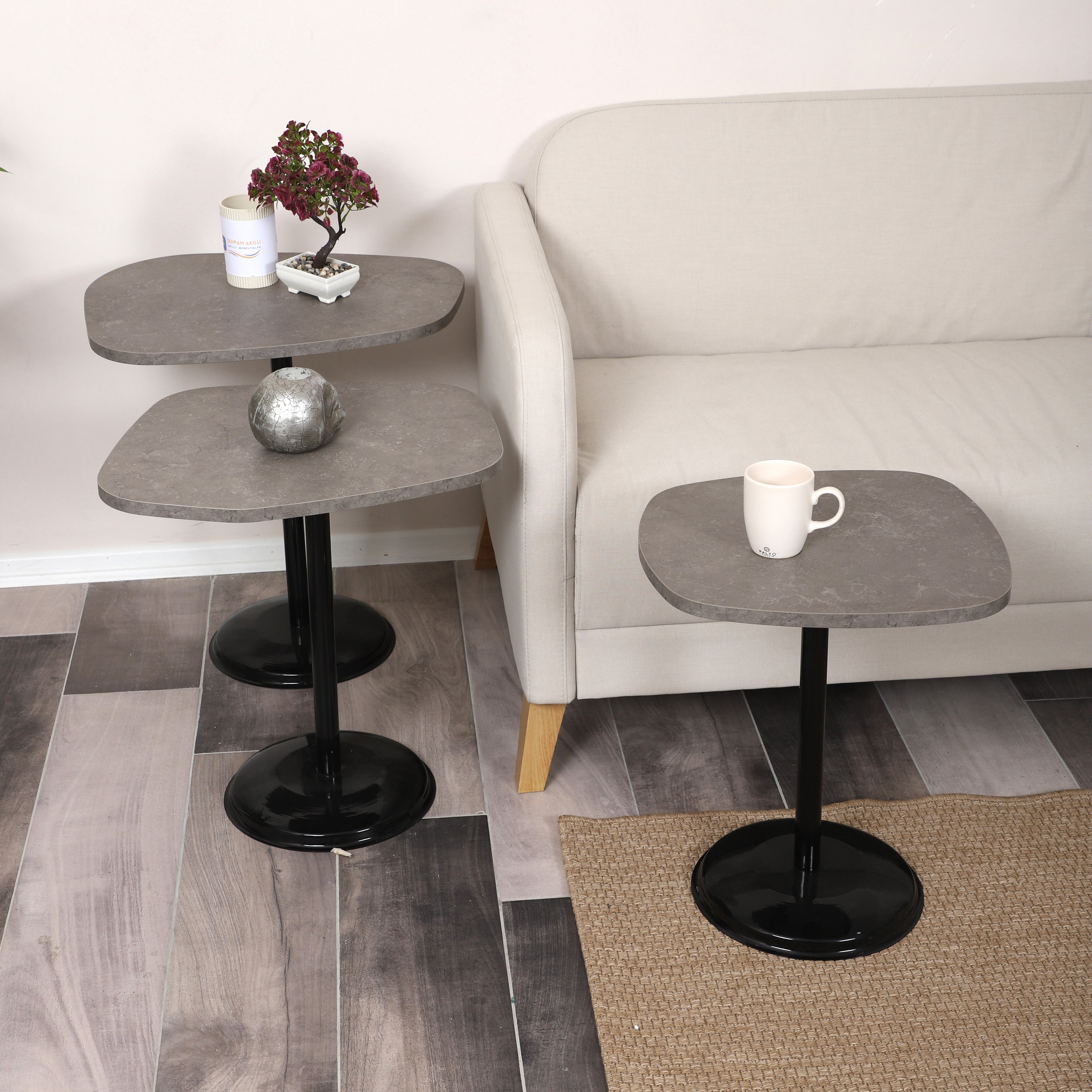 SilvaVera Nesting Table Series - Milled Latte MDF Top, Black Iron Mechanism