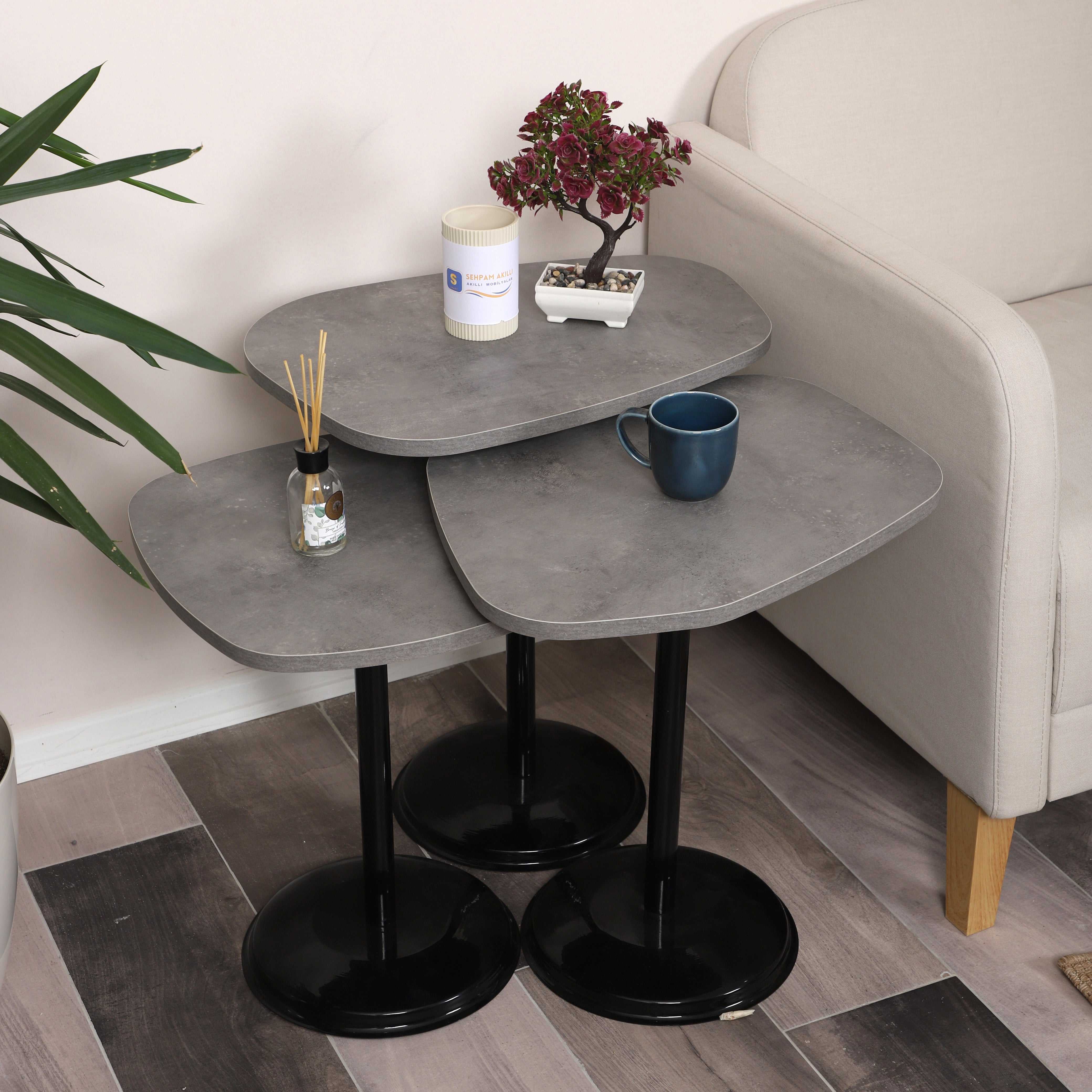 SilvaVera Nesting Table Series - Retro Silver MDF Top, Black Iron Mechanism