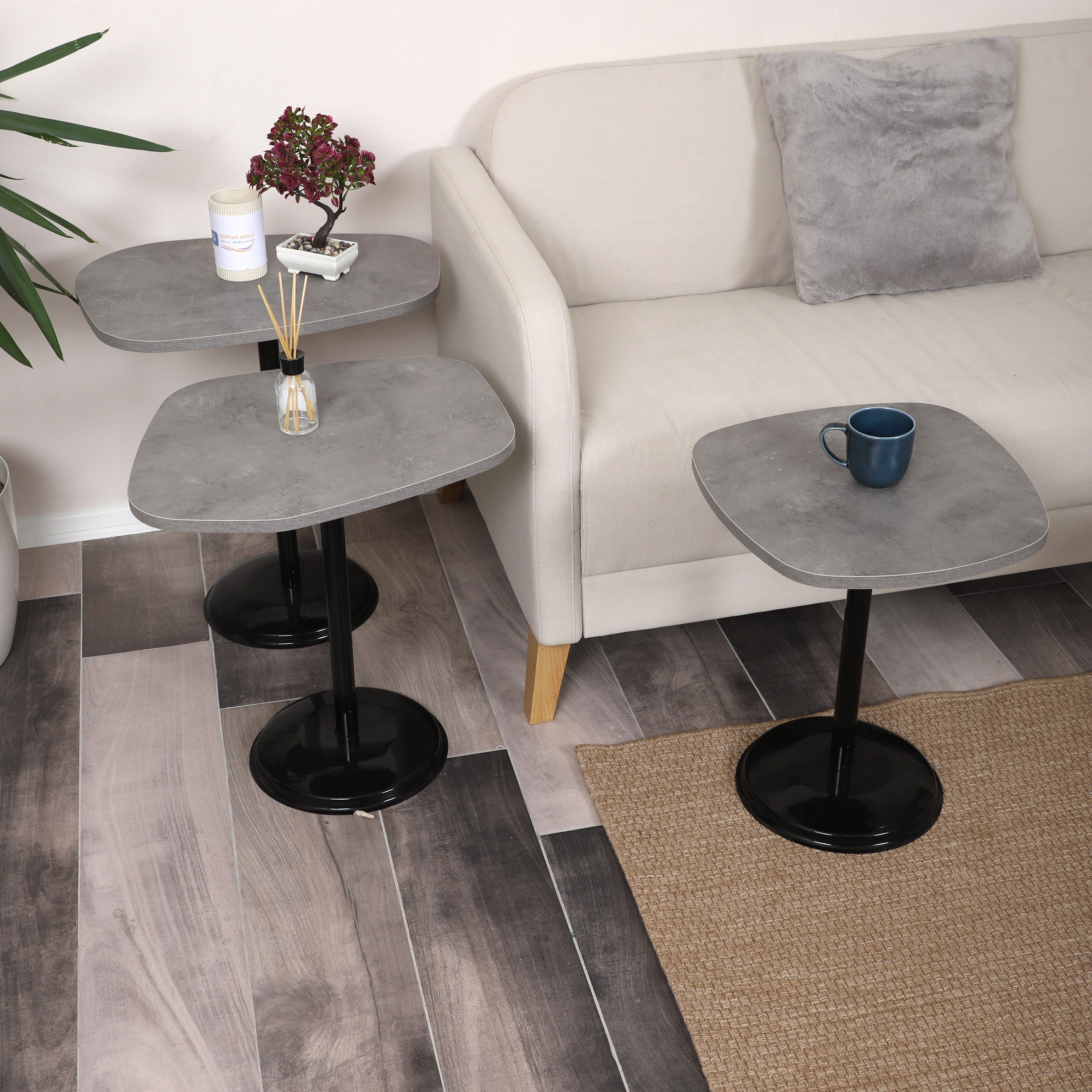 SilvaVera Nesting Table Series - Retro Silver MDF Top, Black Iron Mechanism