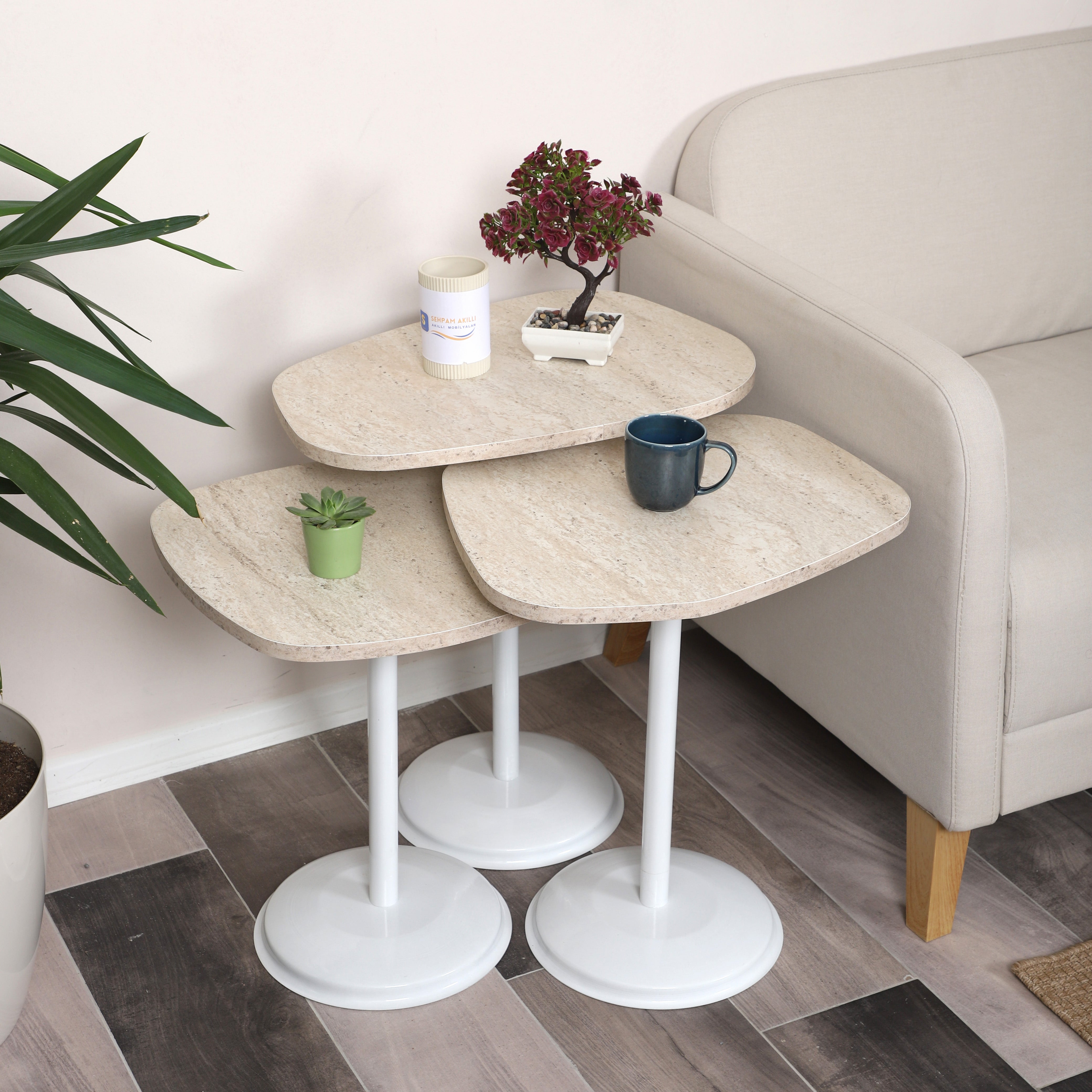 SilvaVera Nesting Table Series - Travertine MDF Top, White Iron Mechanism