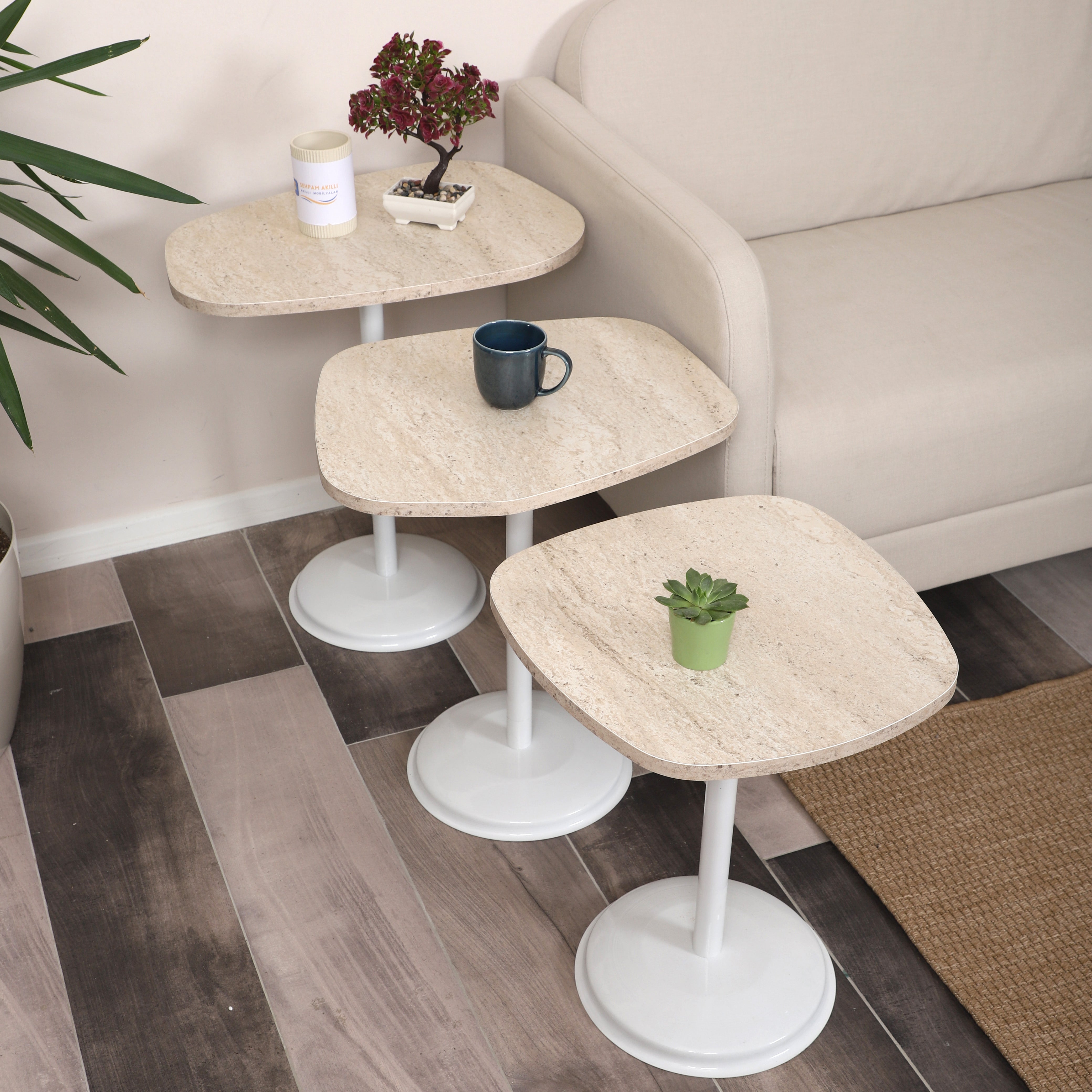 SilvaVera Nesting Table Series - Travertine MDF Top, White Iron Mechanism