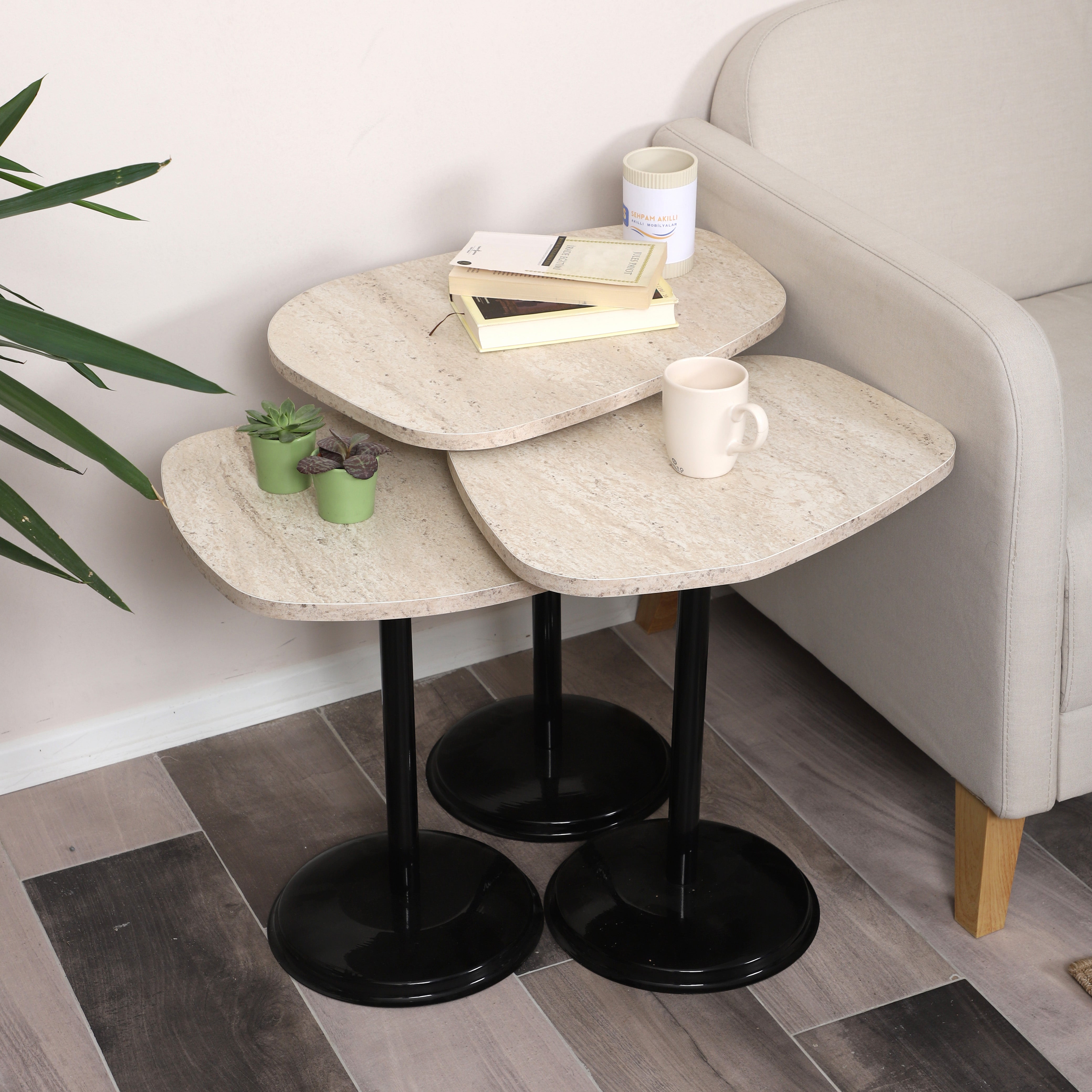 SilvaVera Nesting Table Series - Travertine MDF Top, Black Iron Mechanism