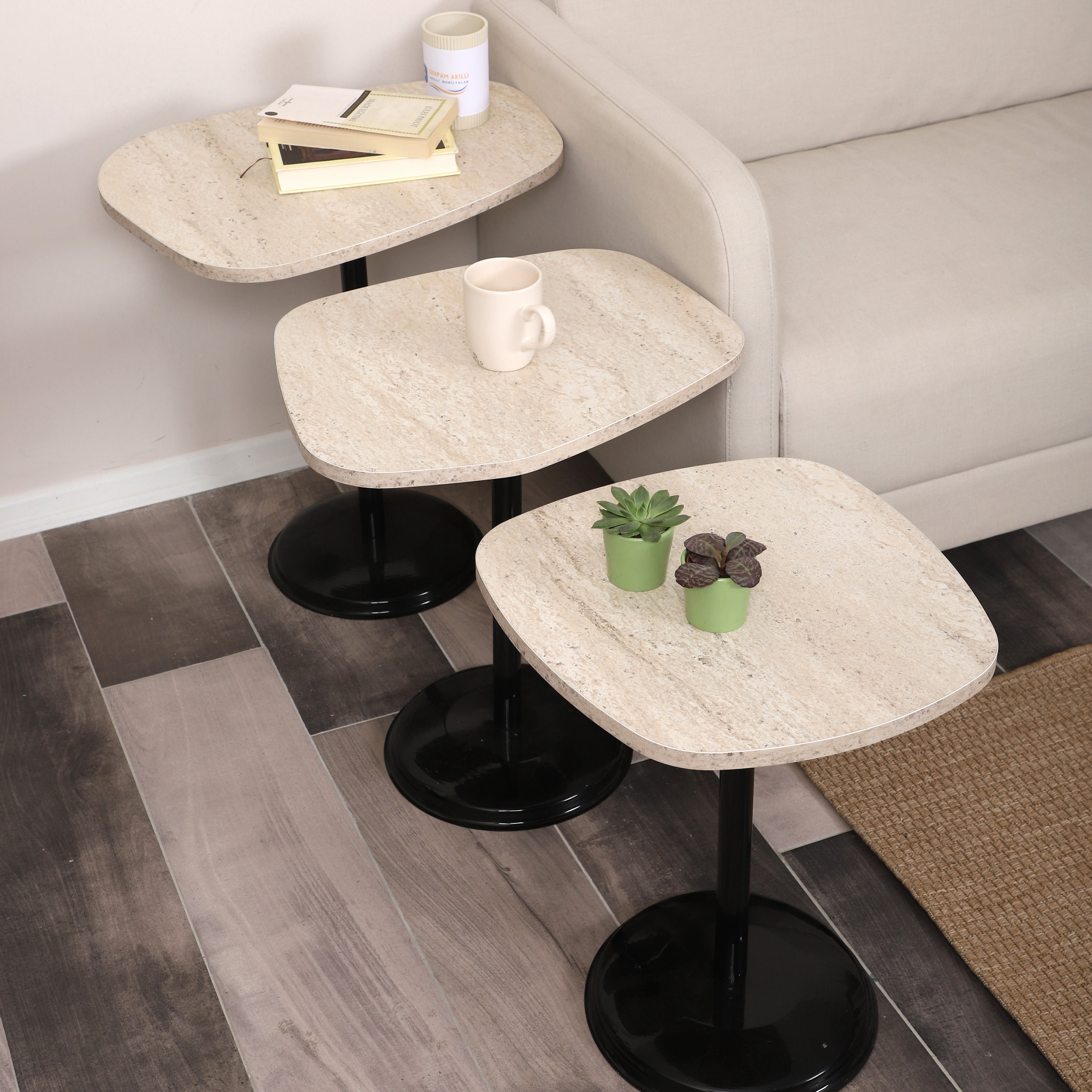 SilvaVera Nesting Table Series - Travertine MDF Top, Black Iron Mechanism