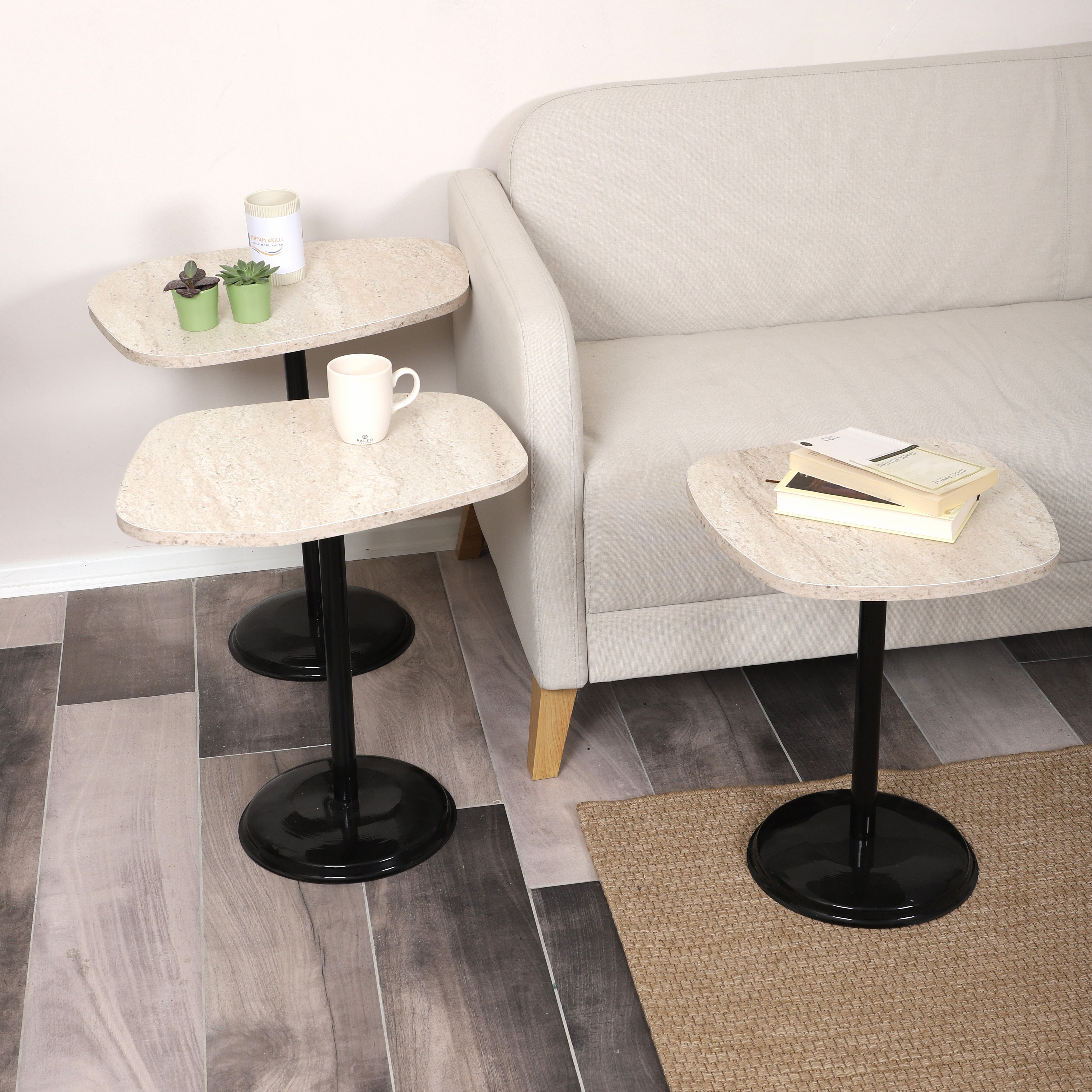 SilvaVera Nesting Table Series - Travertine MDF Top, Black Iron Mechanism