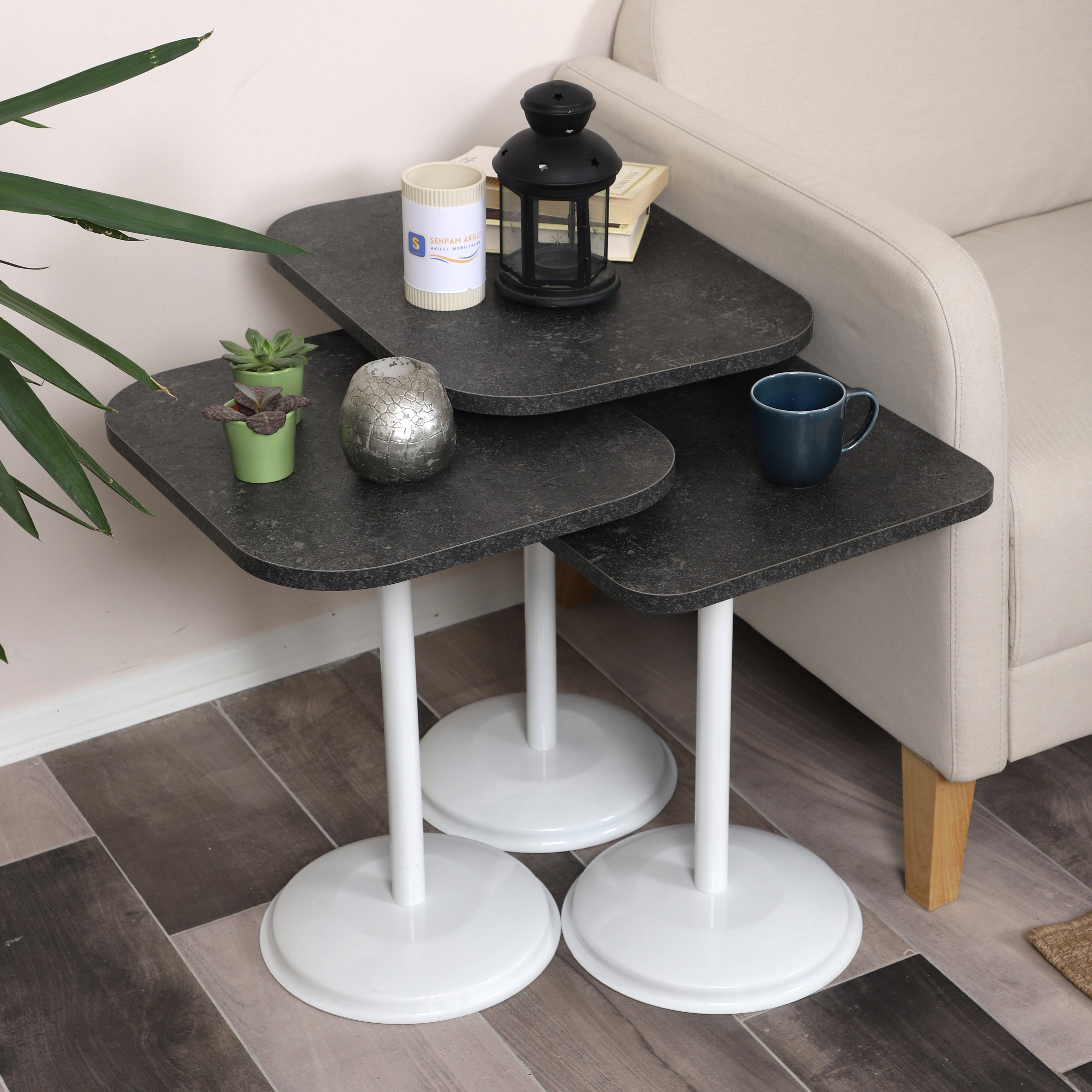 Vertino Nesting Table Series - Milled Anthracite MDF Top, White Iron Mechanism