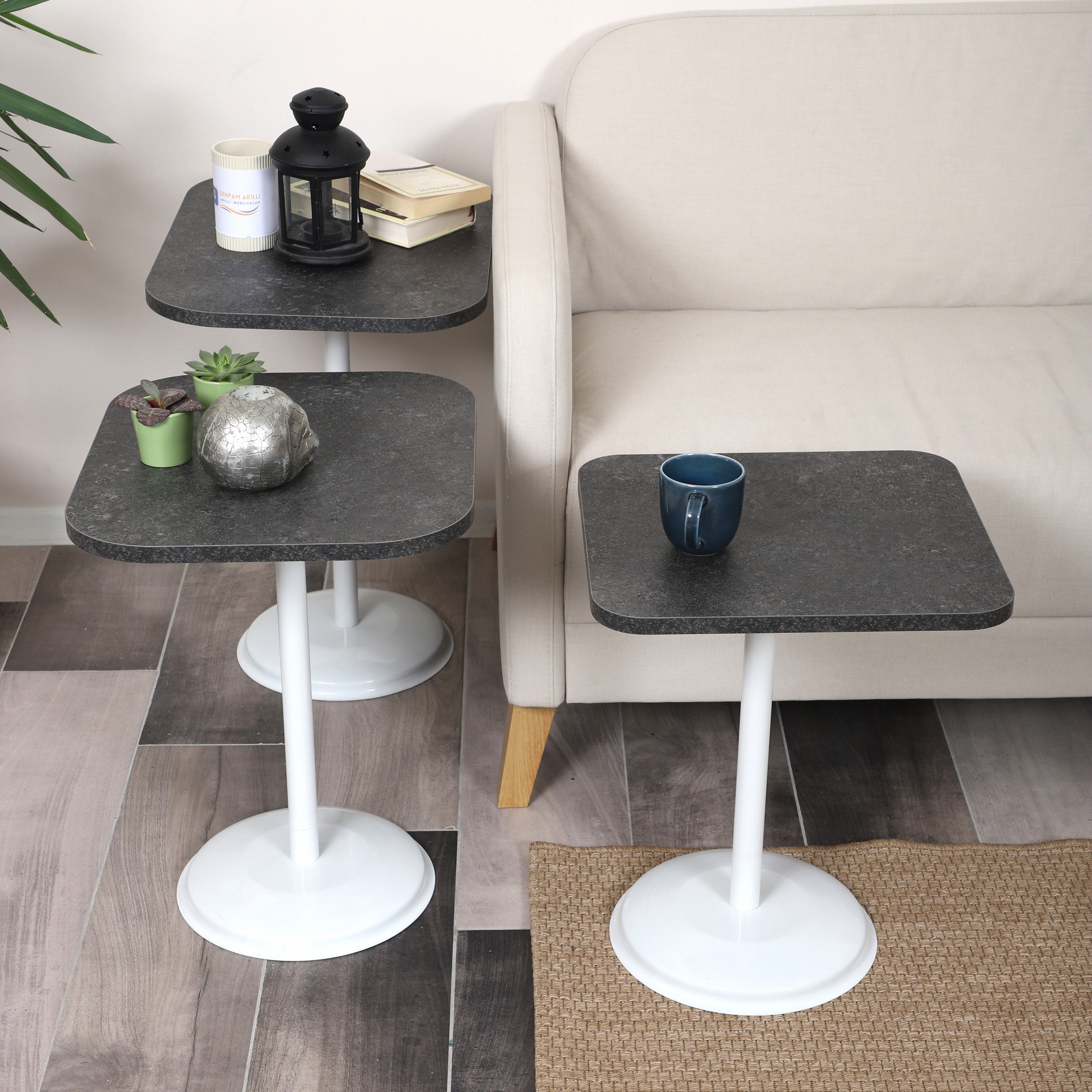 Vertino Nesting Table Series - Milled Anthracite MDF Top, White Iron Mechanism