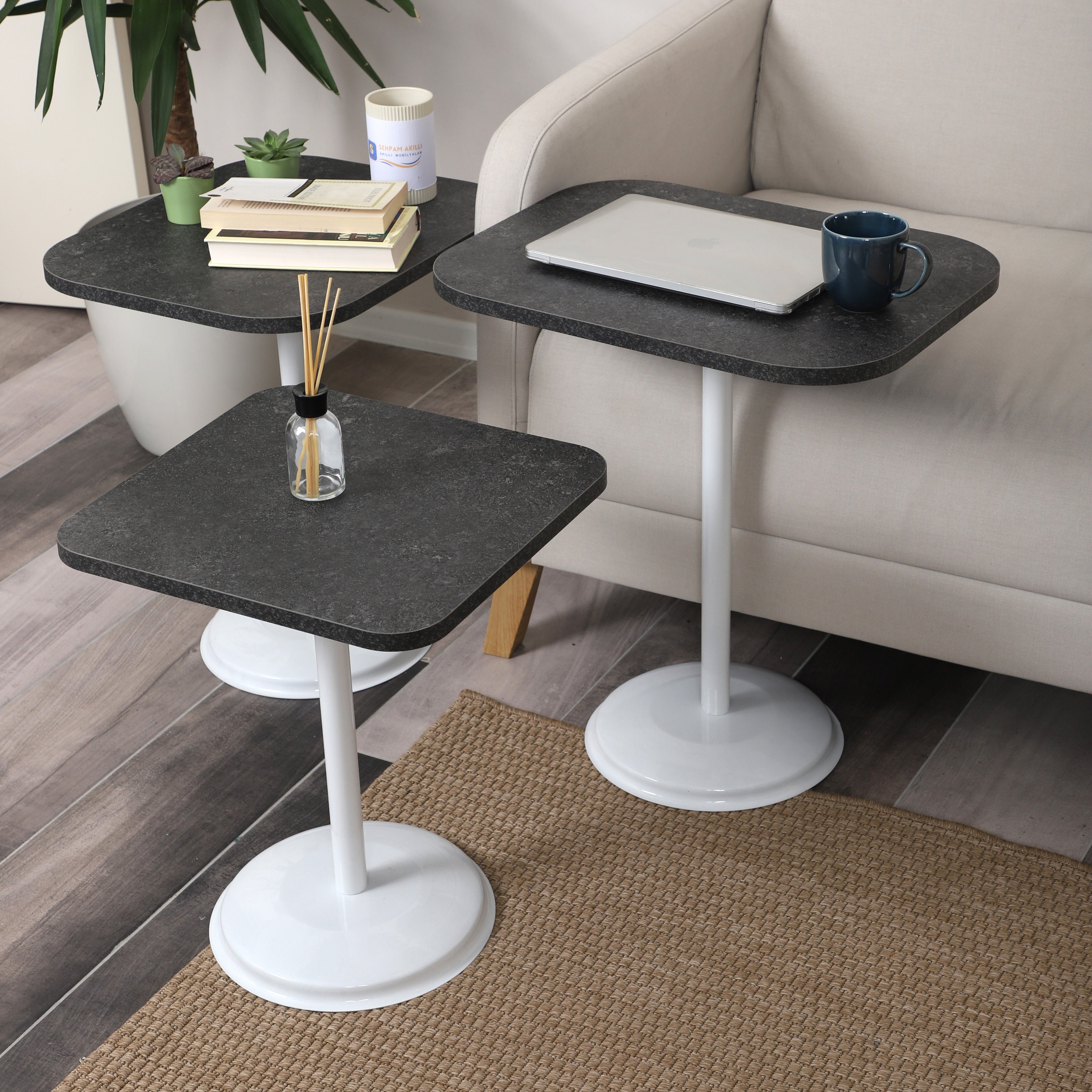 Vertino Nesting Table Series - Milled Anthracite MDF Top, White Iron Mechanism