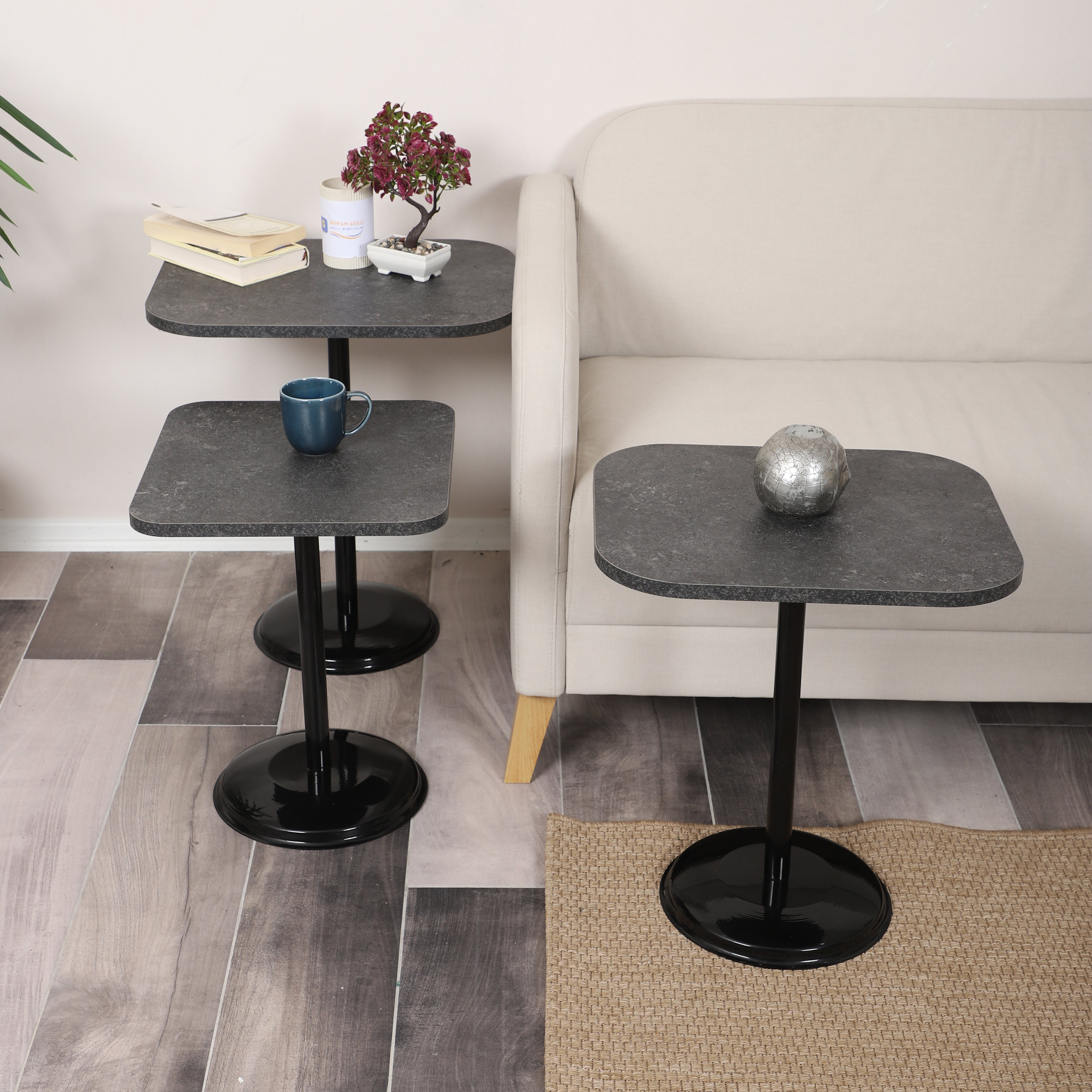 Vertino Nesting Table Series - Milled Anthracite MDF Top, Black Iron Mechanism