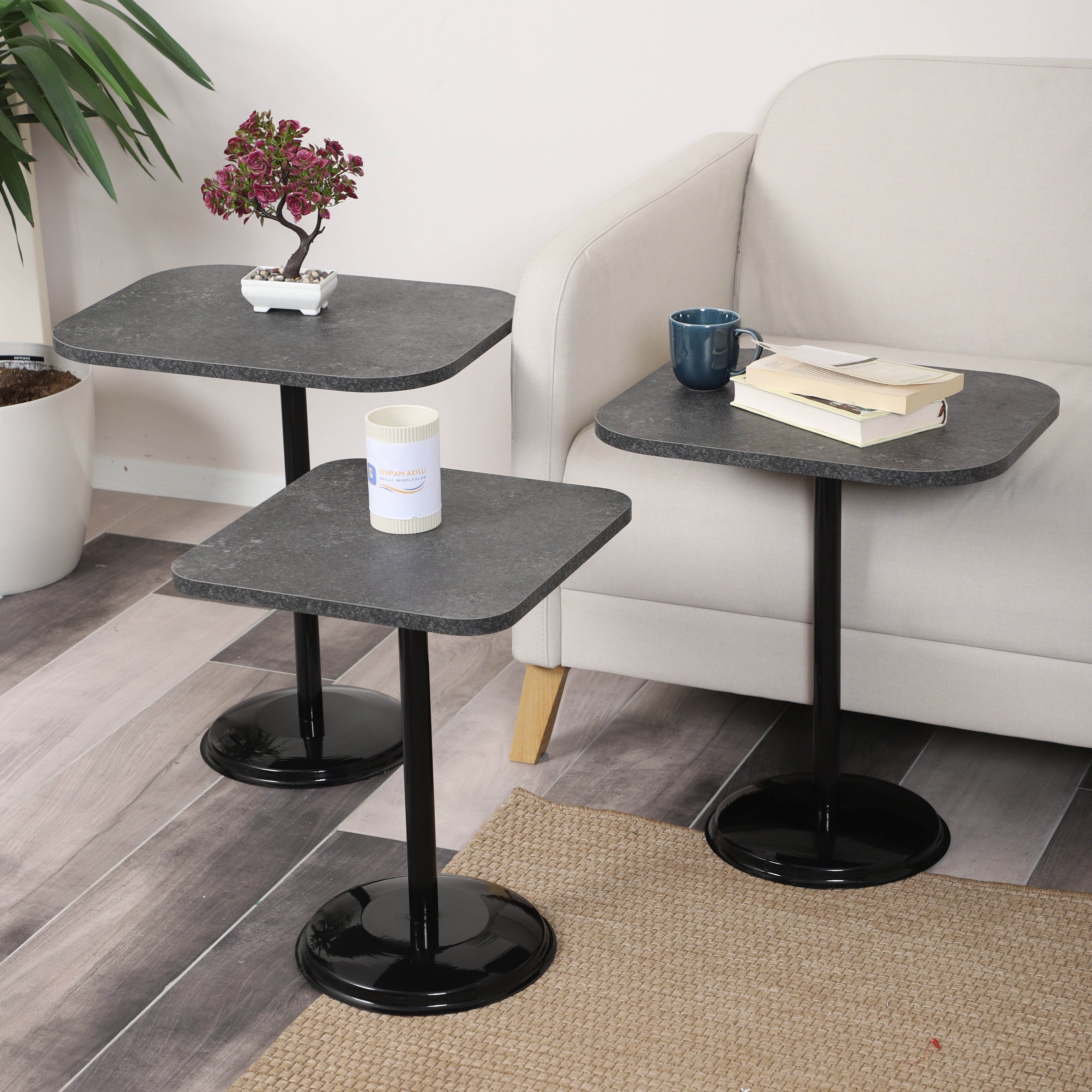 Vertino Nesting Table Series - Milled Anthracite MDF Top, Black Iron Mechanism