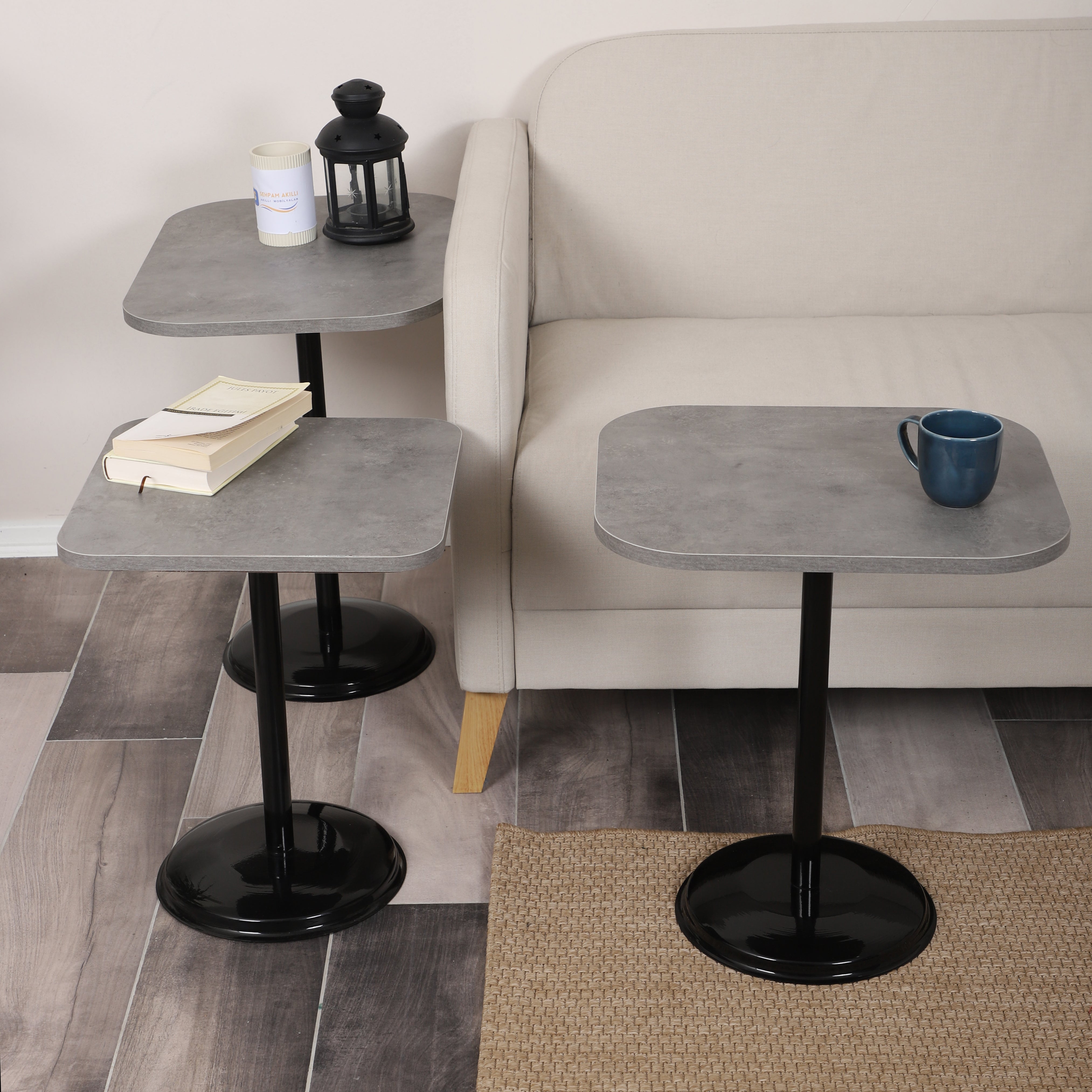 Vertino Nesting Table Series - Retro Silver MDF Top, Black Iron Mechanism