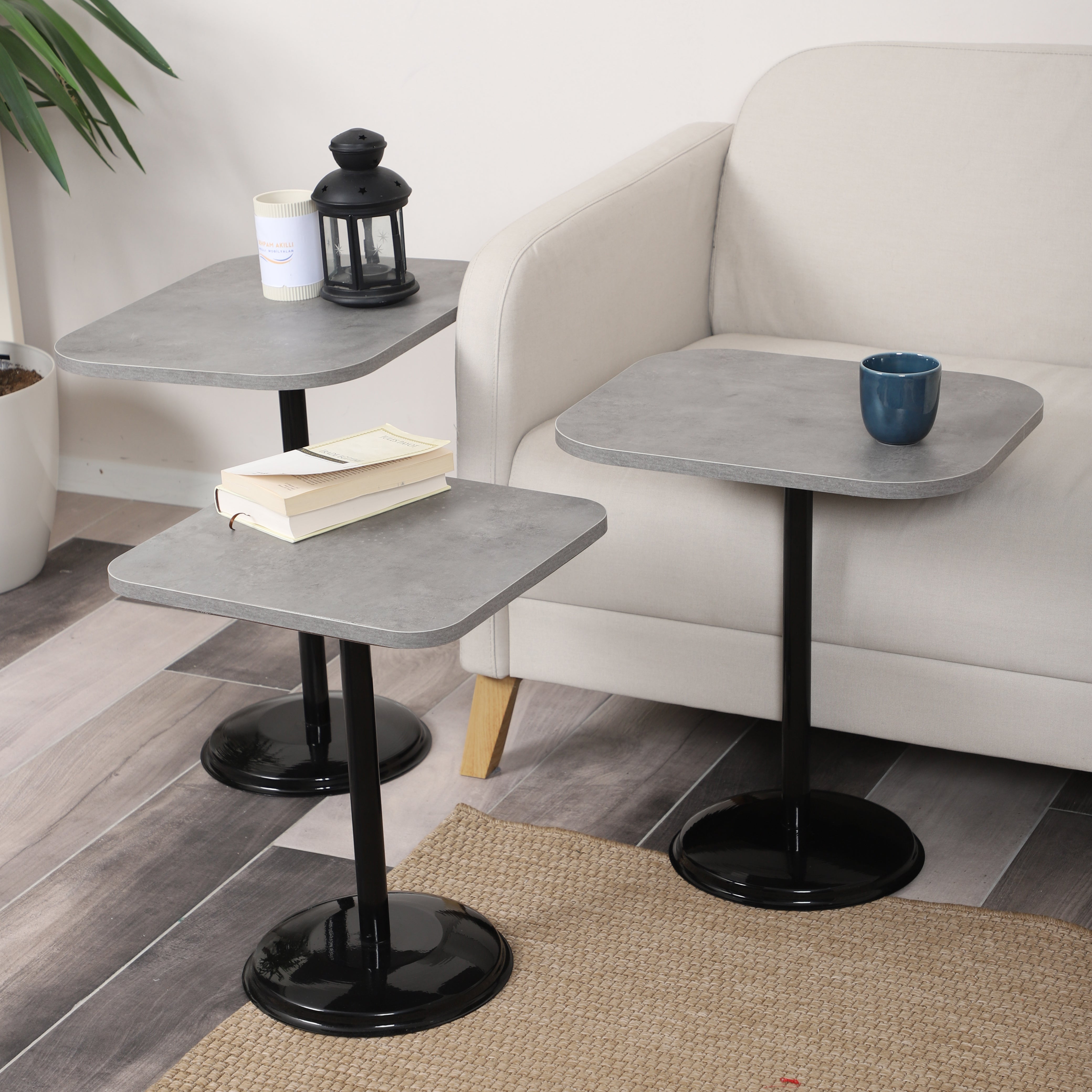 Vertino Nesting Table Series - Retro Silver MDF Top, Black Iron Mechanism