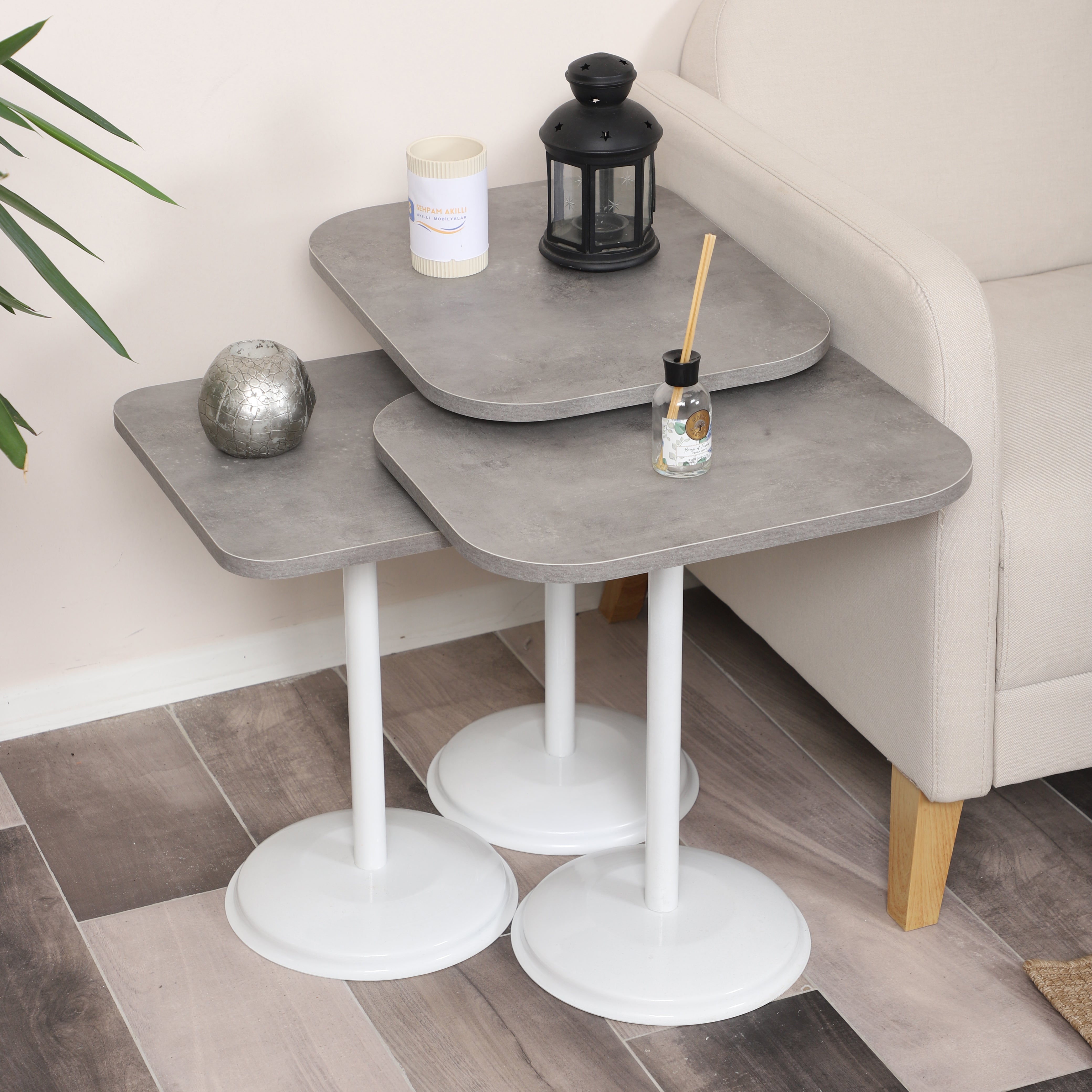 Vertino Nesting Table Series - Retro Silver MDF Top, White Iron Mechanism