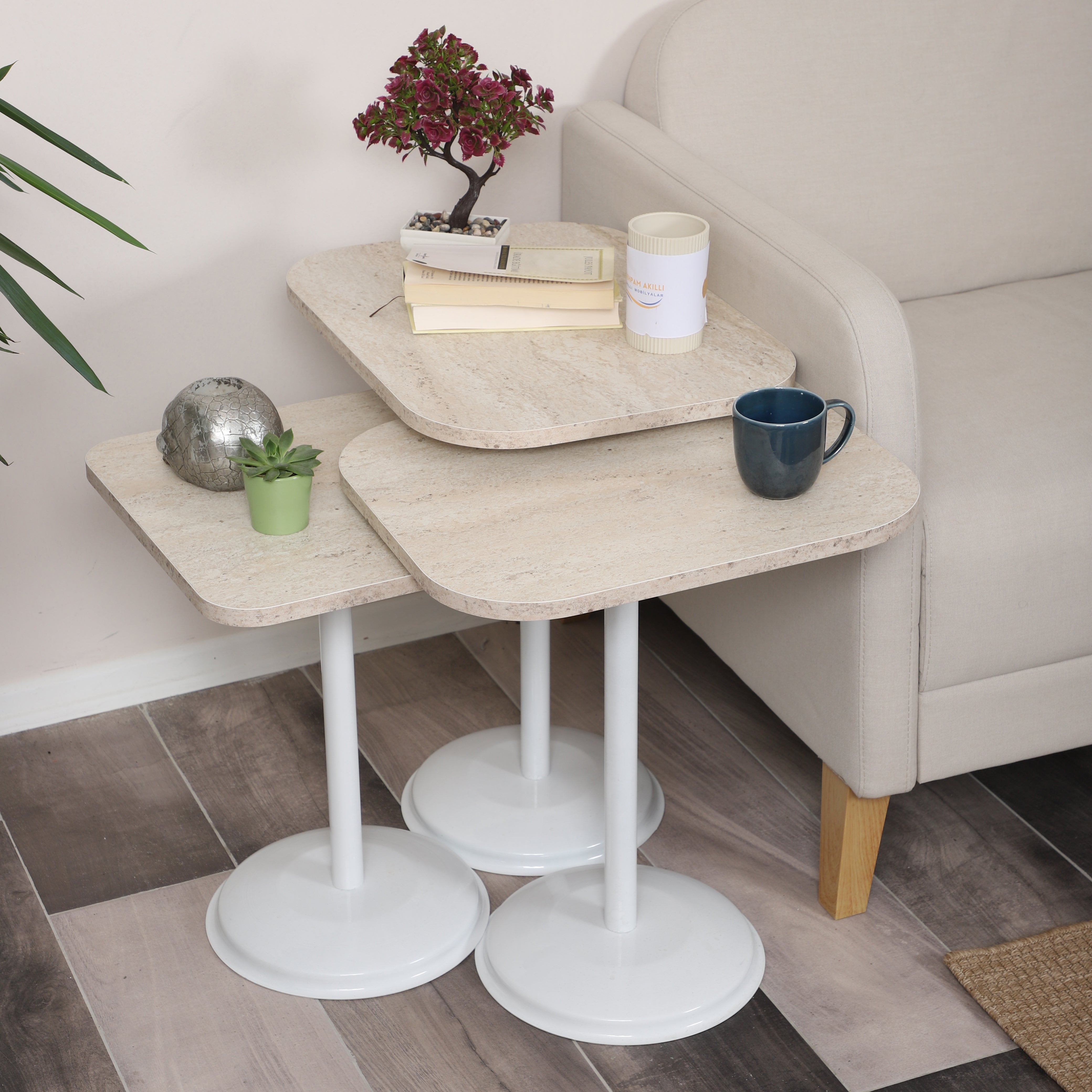 Vertino Nesting Table Series - Travertine MDF Top, White Iron Mechanism