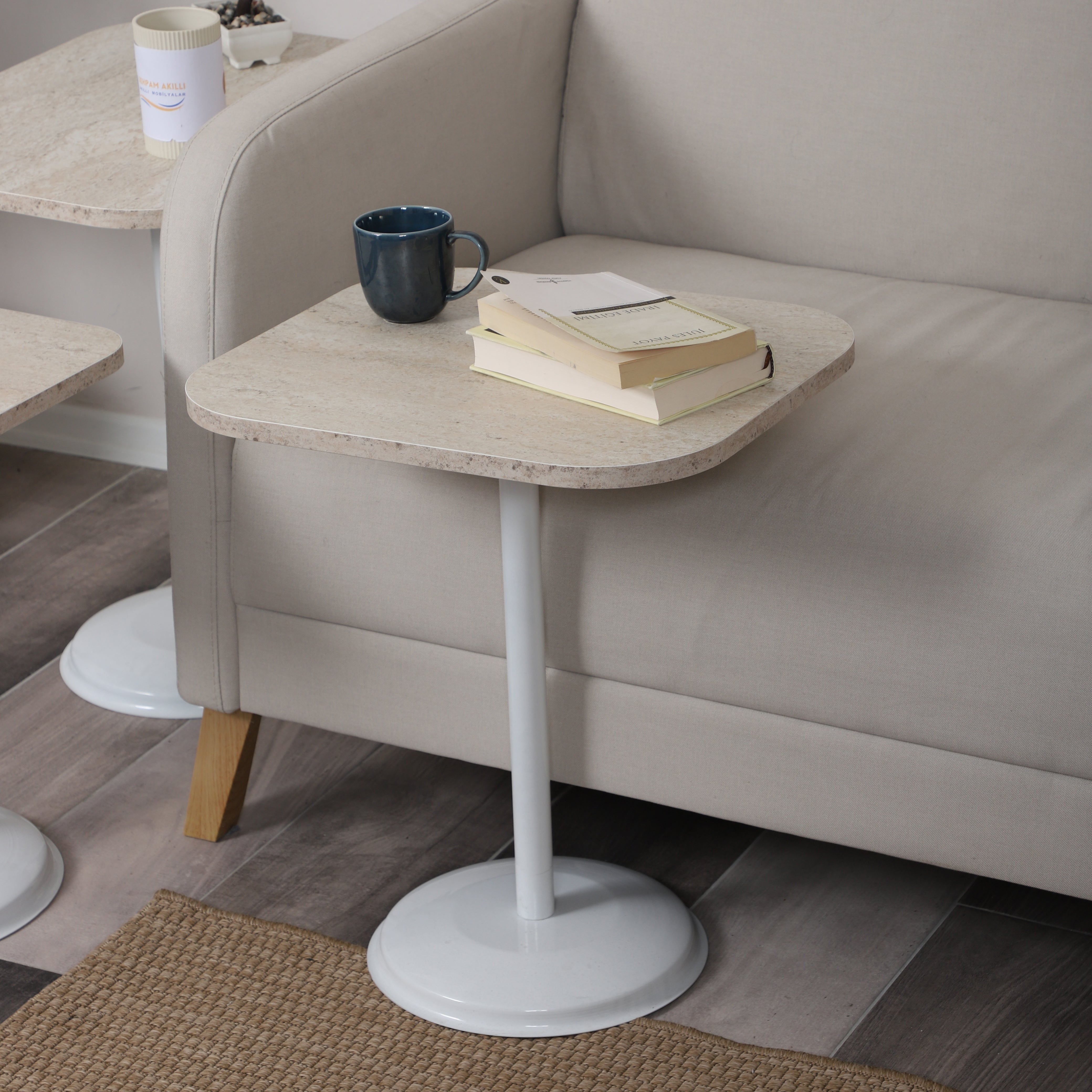 Vertino Nesting Table Series - Travertine MDF Top, White Iron Mechanism
