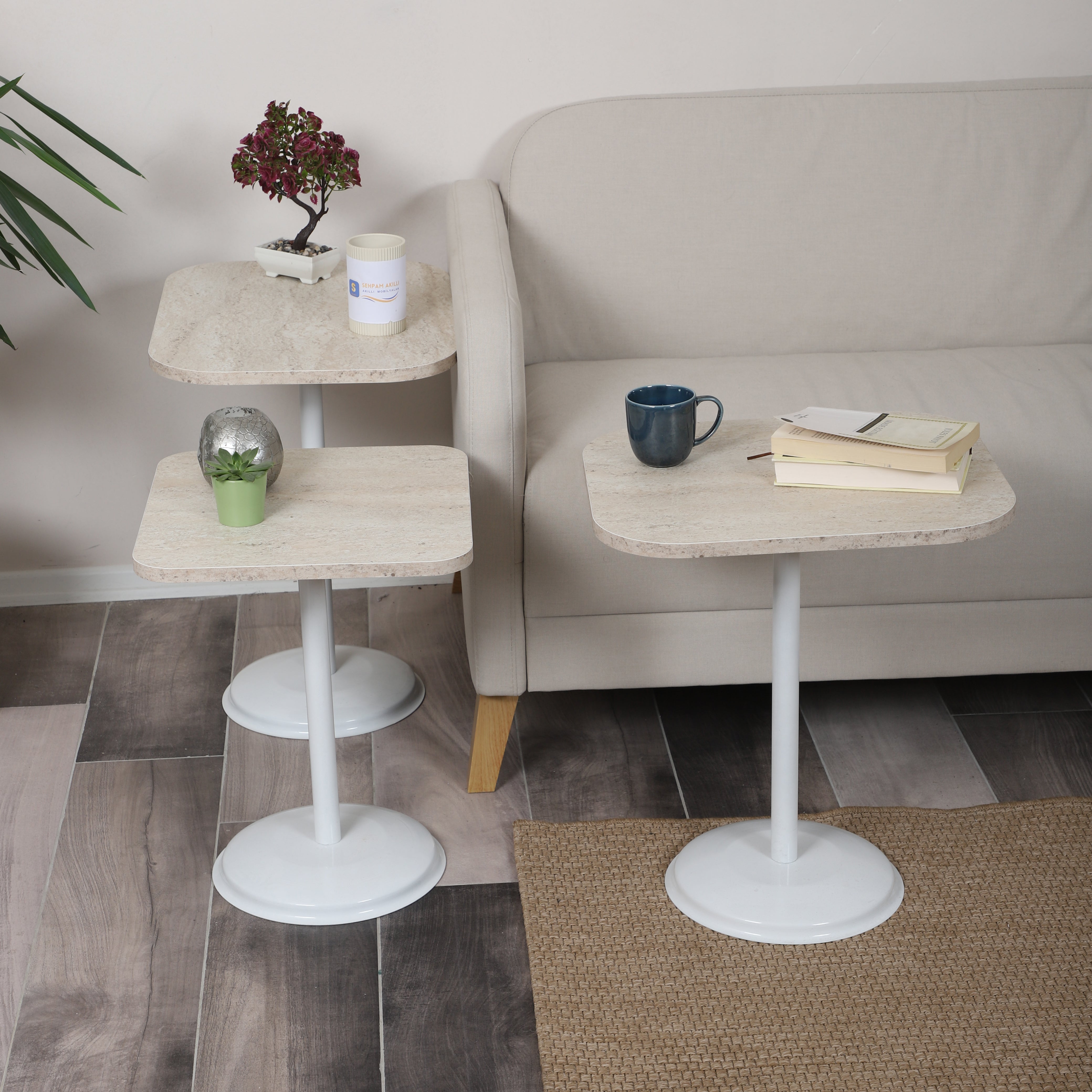 Vertino Nesting Table Series - Travertine MDF Top, White Iron Mechanism