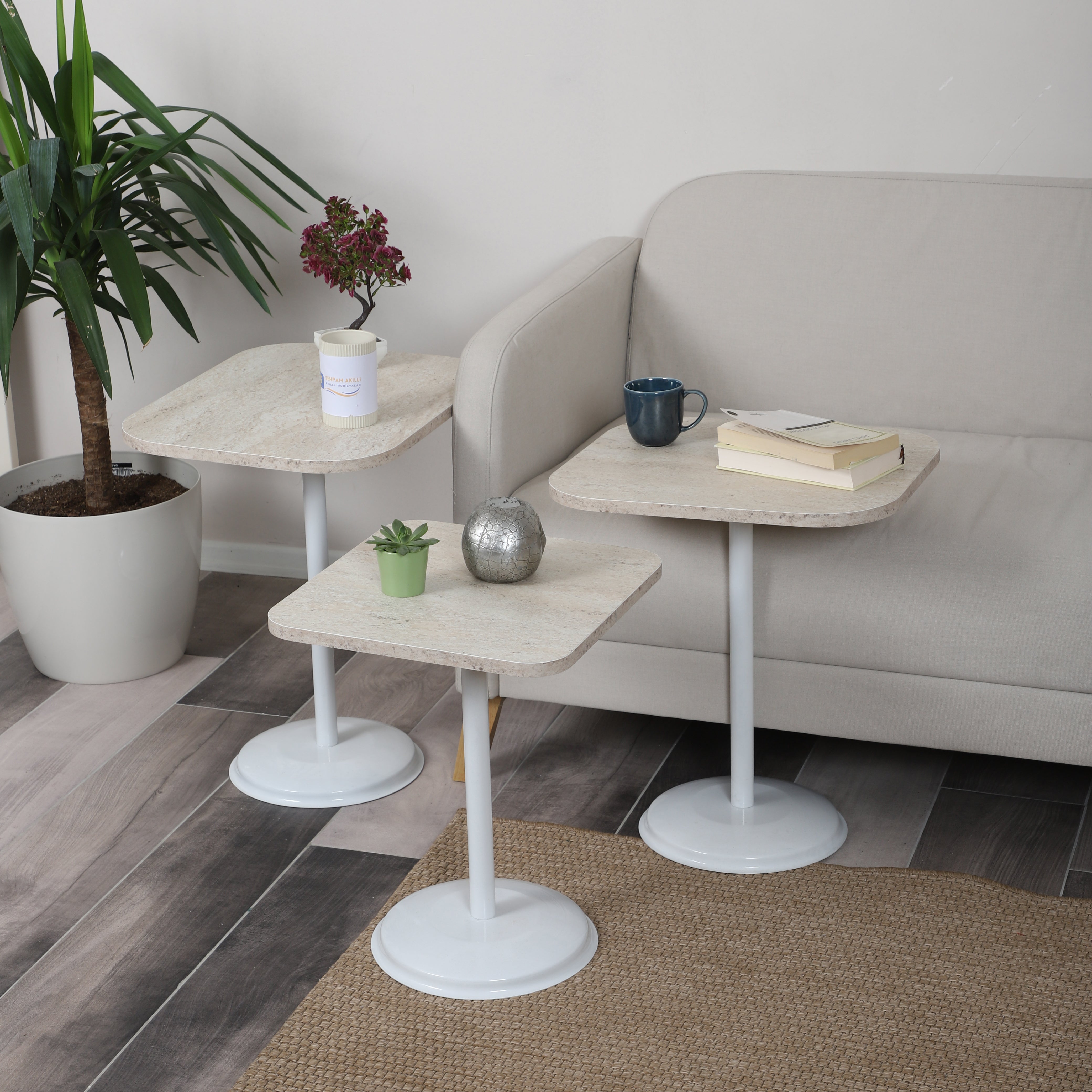 Vertino Nesting Table Series - Travertine MDF Top, White Iron Mechanism