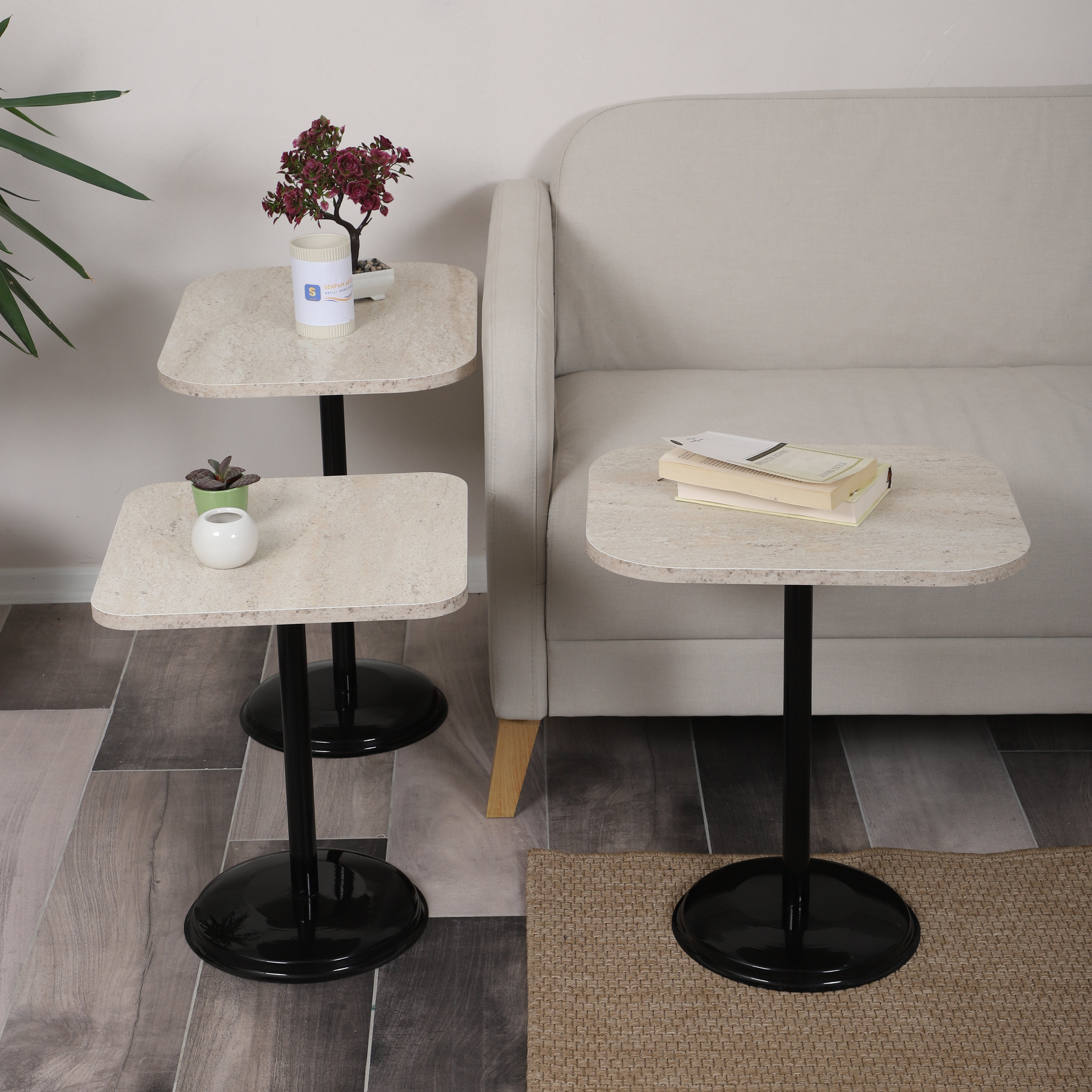 Vertino Nesting Table Series - Travertine MDF Top, Black Iron Mechanism