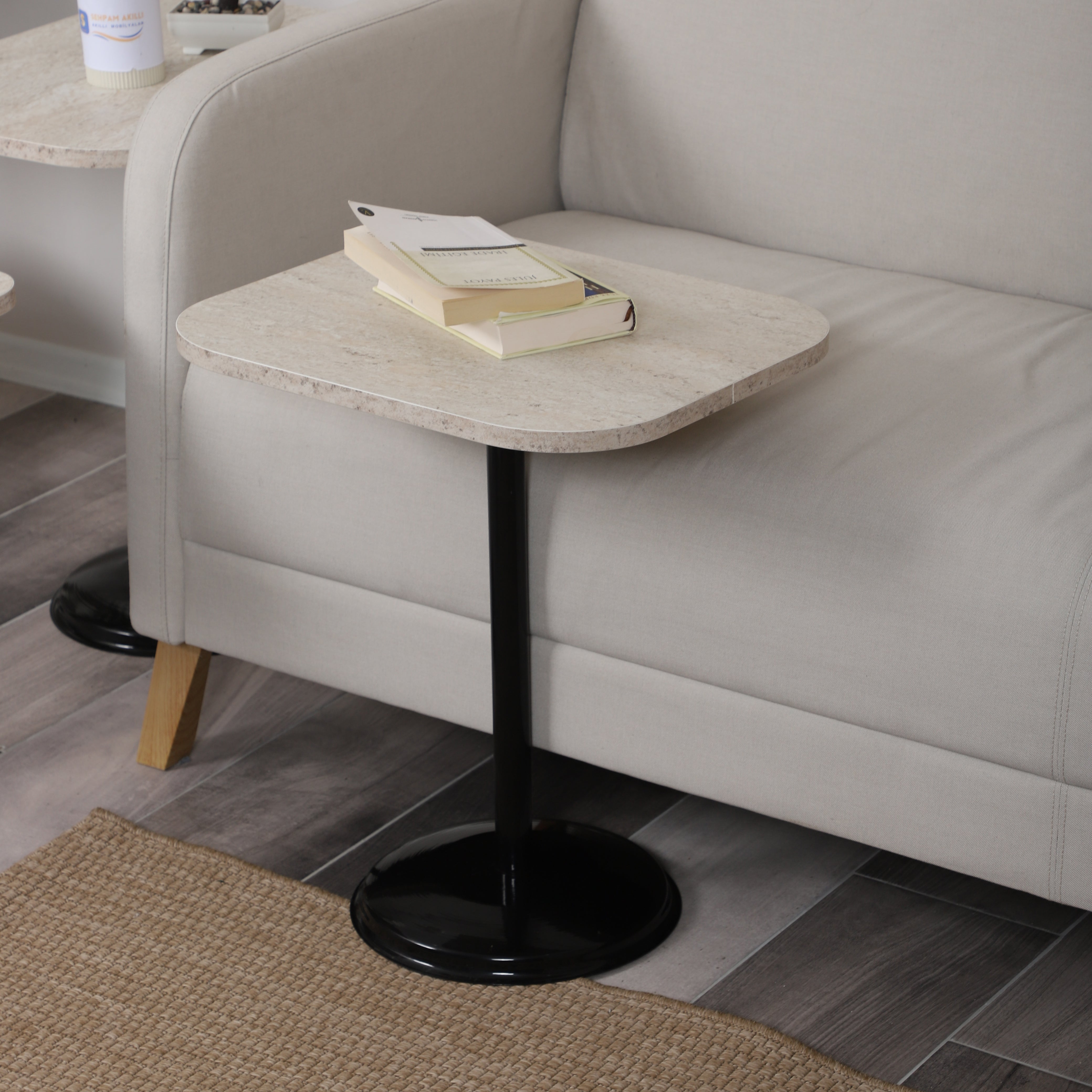Vertino Nesting Table Series - Travertine MDF Top, Black Iron Mechanism