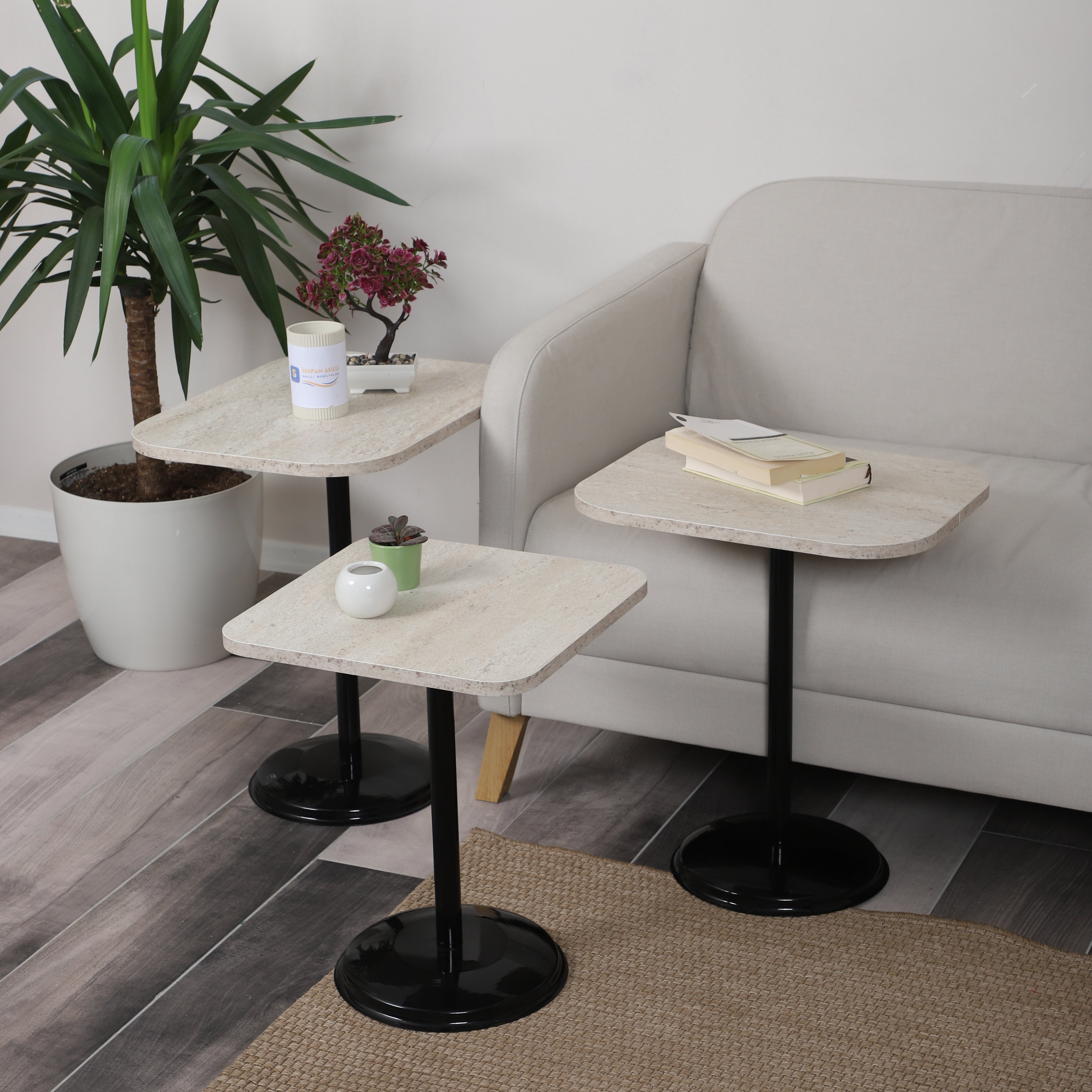 Vertino Nesting Table Series - Travertine MDF Top, Black Iron Mechanism