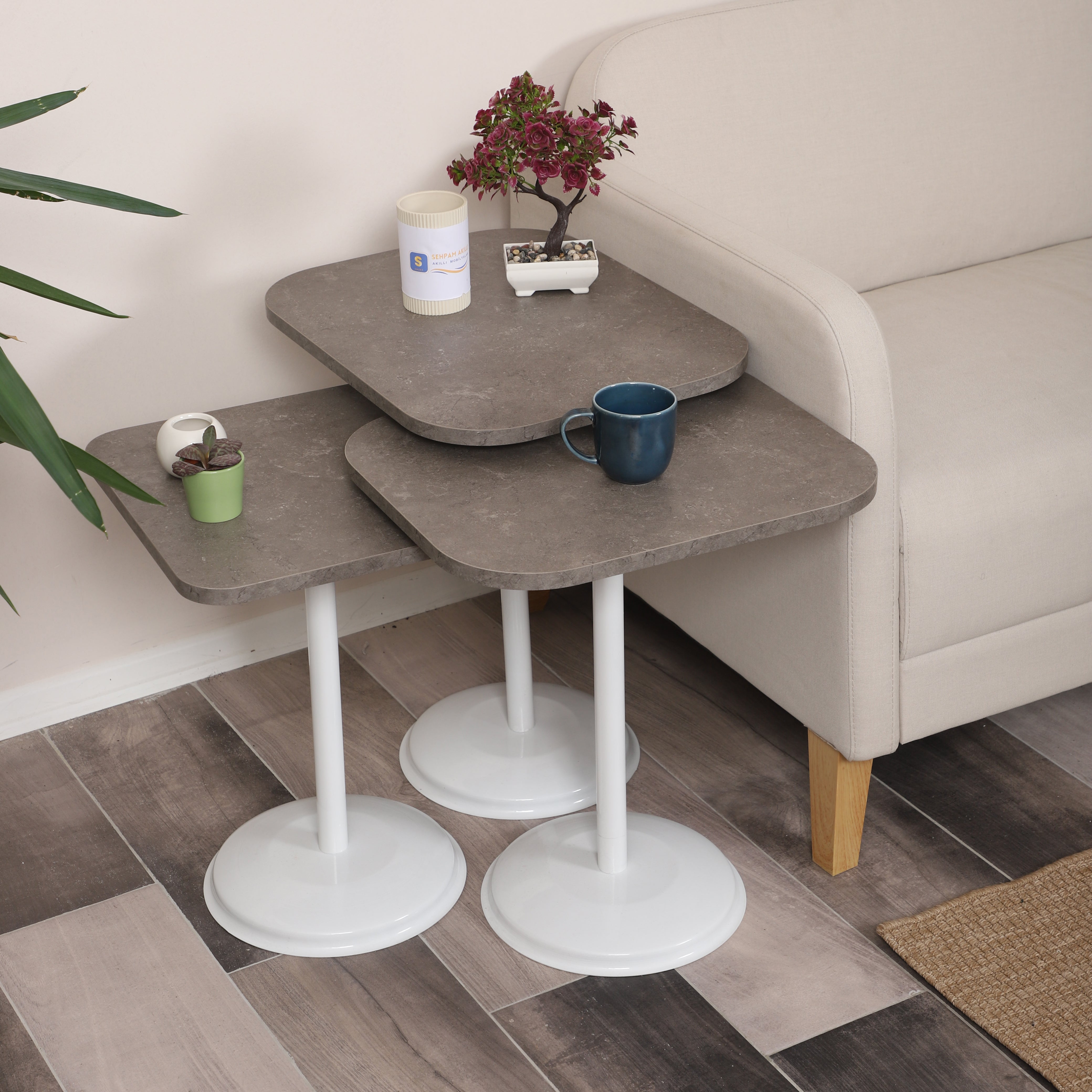 Vertino Nesting Table Series - Milled Latte MDF Top, White Iron Mechanism