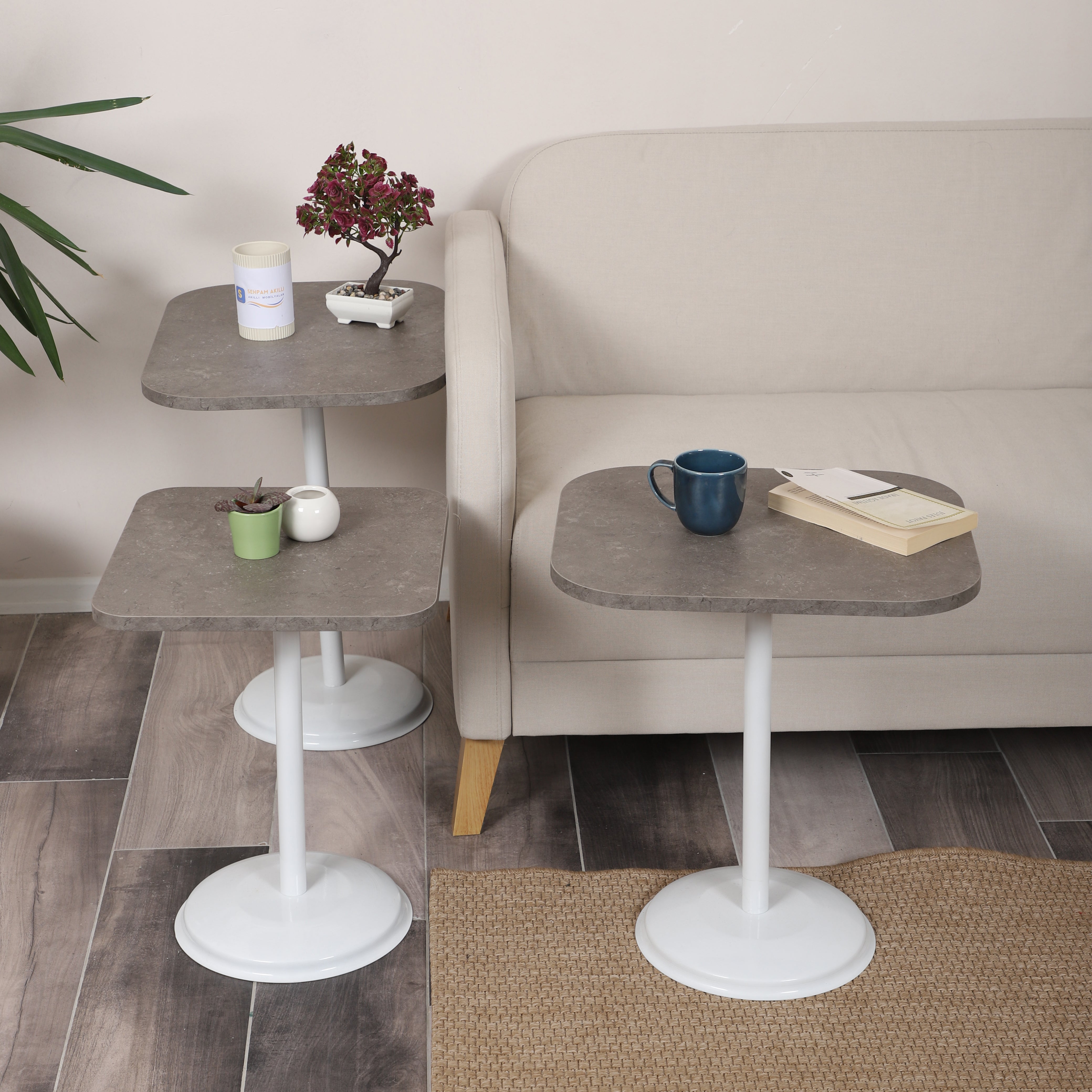 Vertino Nesting Table Series - Milled Latte MDF Top, White Iron Mechanism