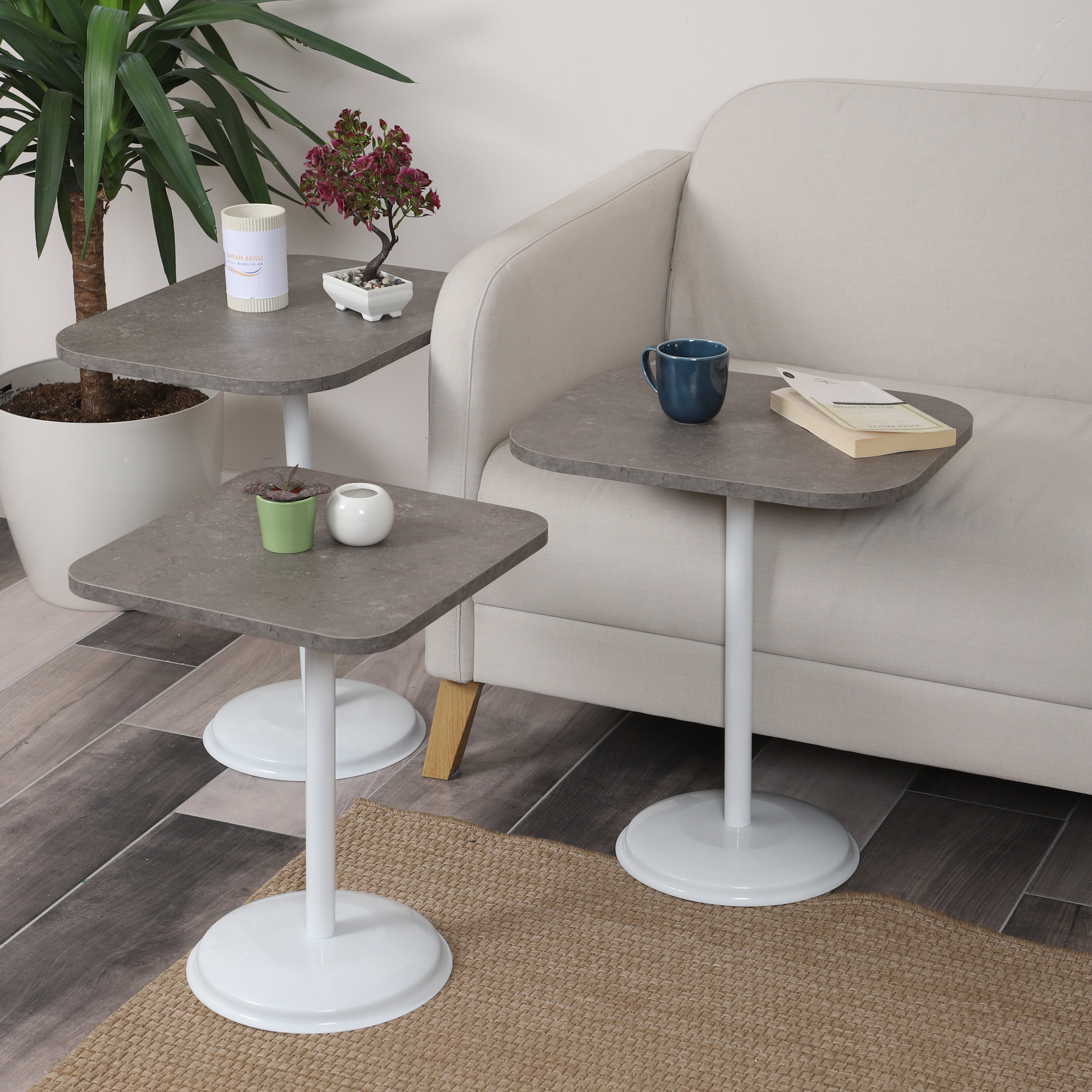 Vertino Nesting Table Series - Milled Latte MDF Top, White Iron Mechanism