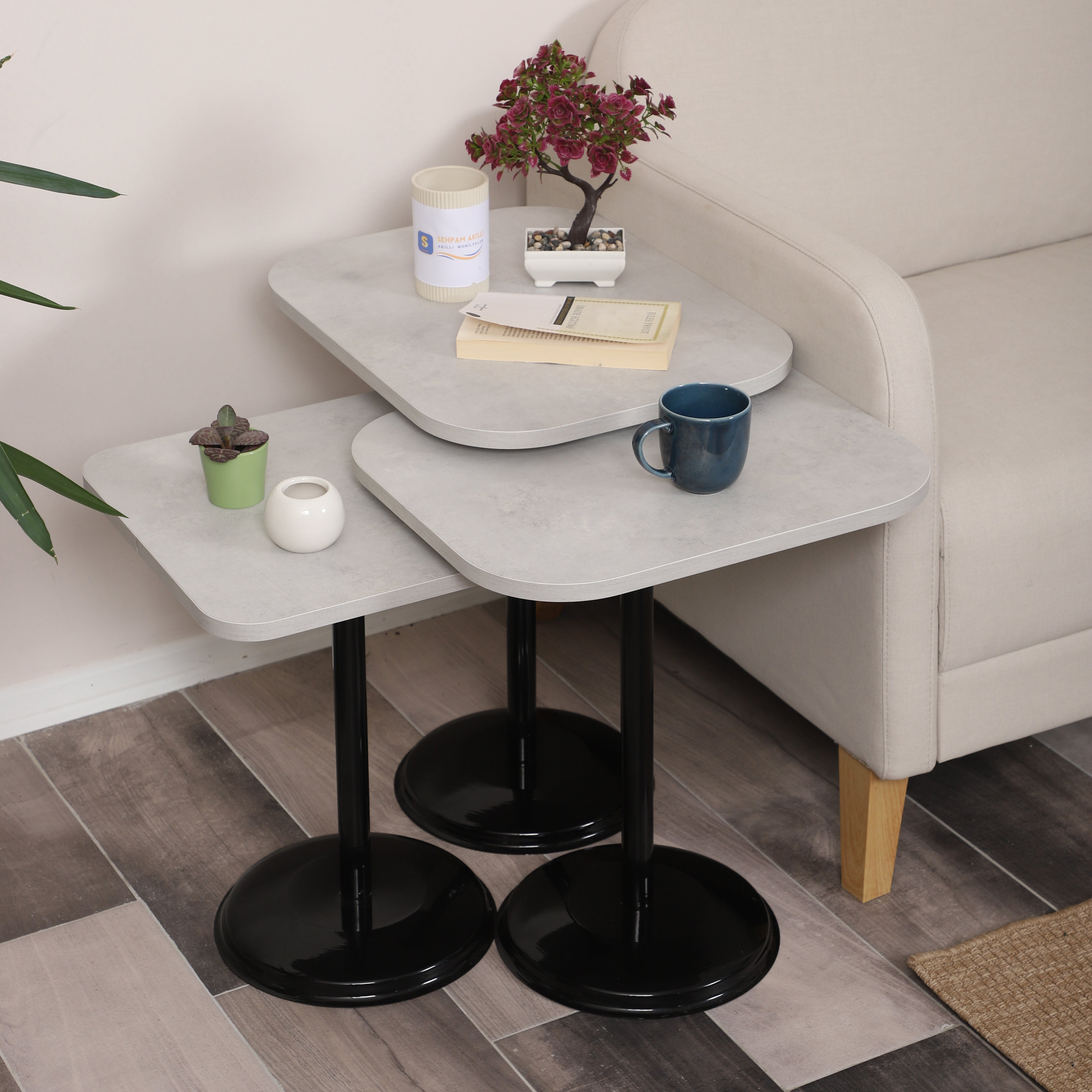 Vertino Nesting Table Series - Retro Stone MDF Top, Black Iron Mechanism