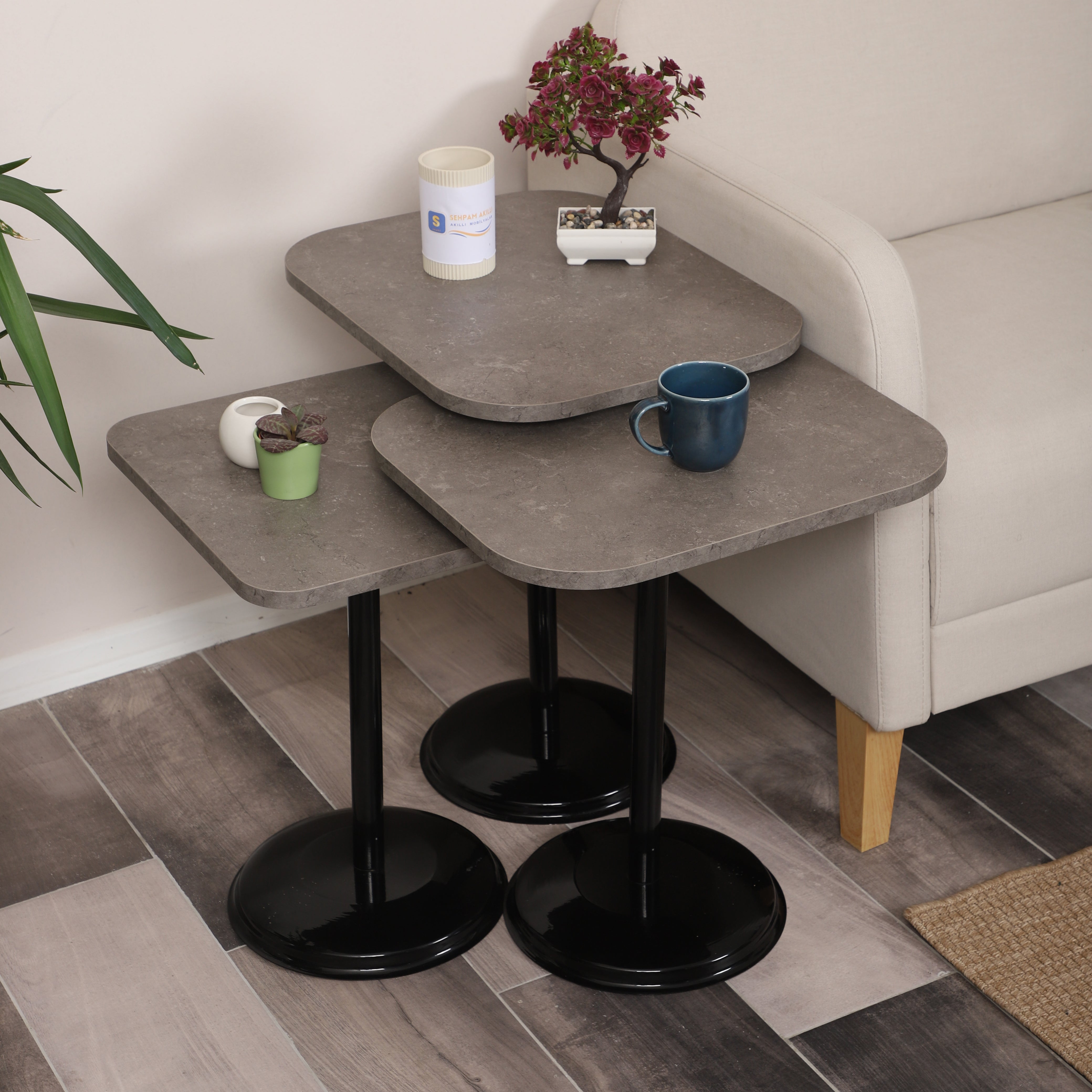 Vertino Nesting Table Series - Milled Latte MDF Top, Black Iron Mechanism