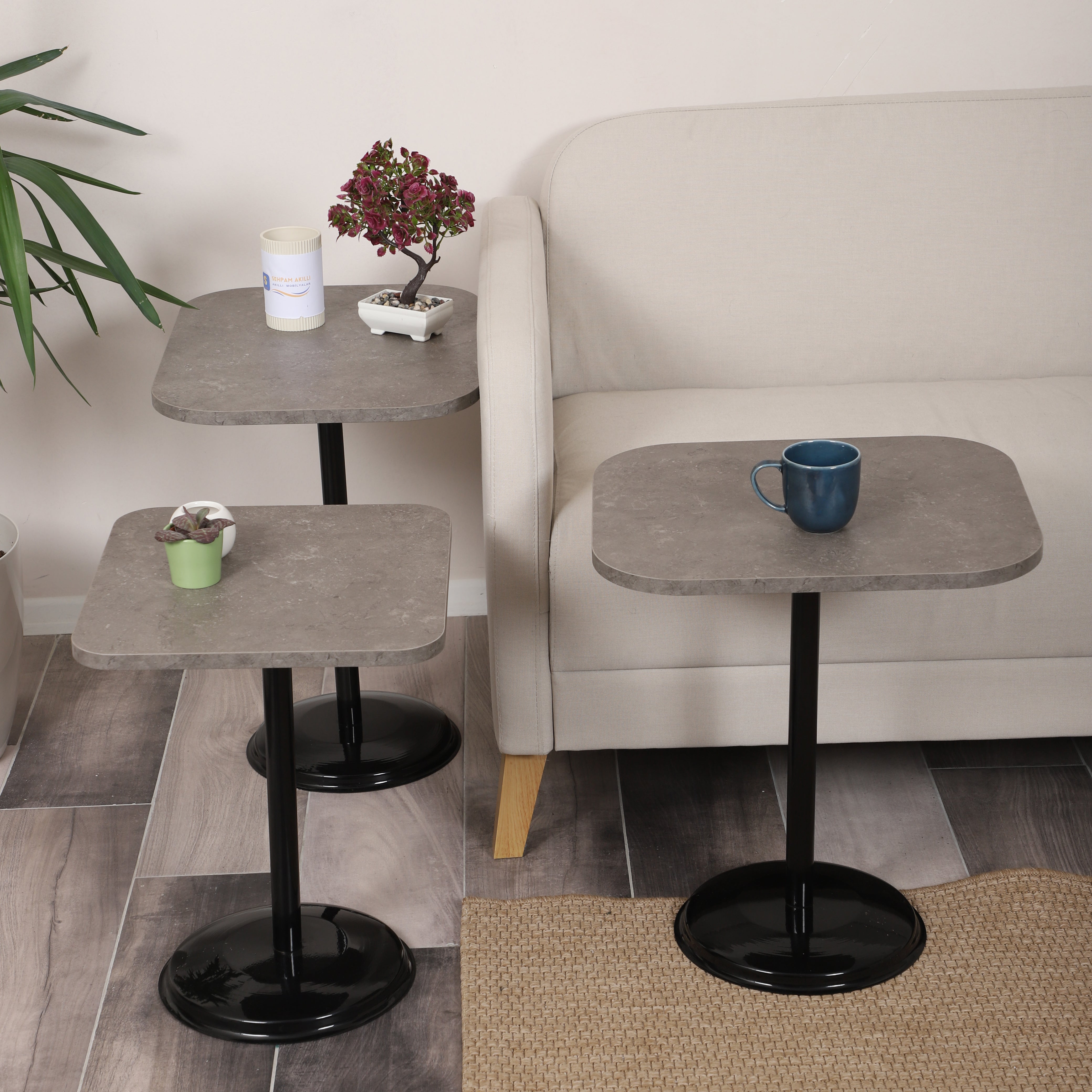 Vertino Nesting Table Series - Milled Latte MDF Top, Black Iron Mechanism