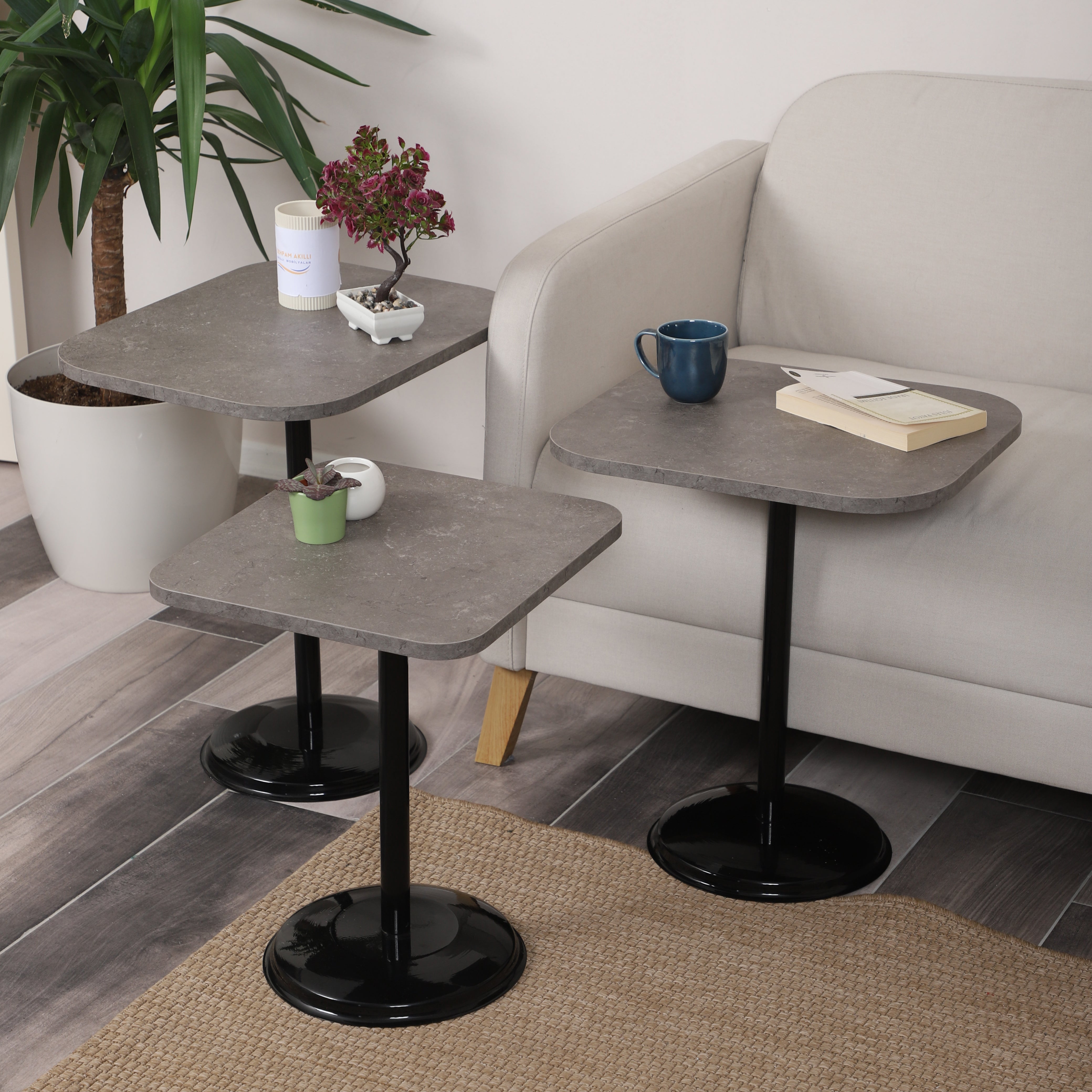 Vertino Nesting Table Series - Milled Latte MDF Top, Black Iron Mechanism