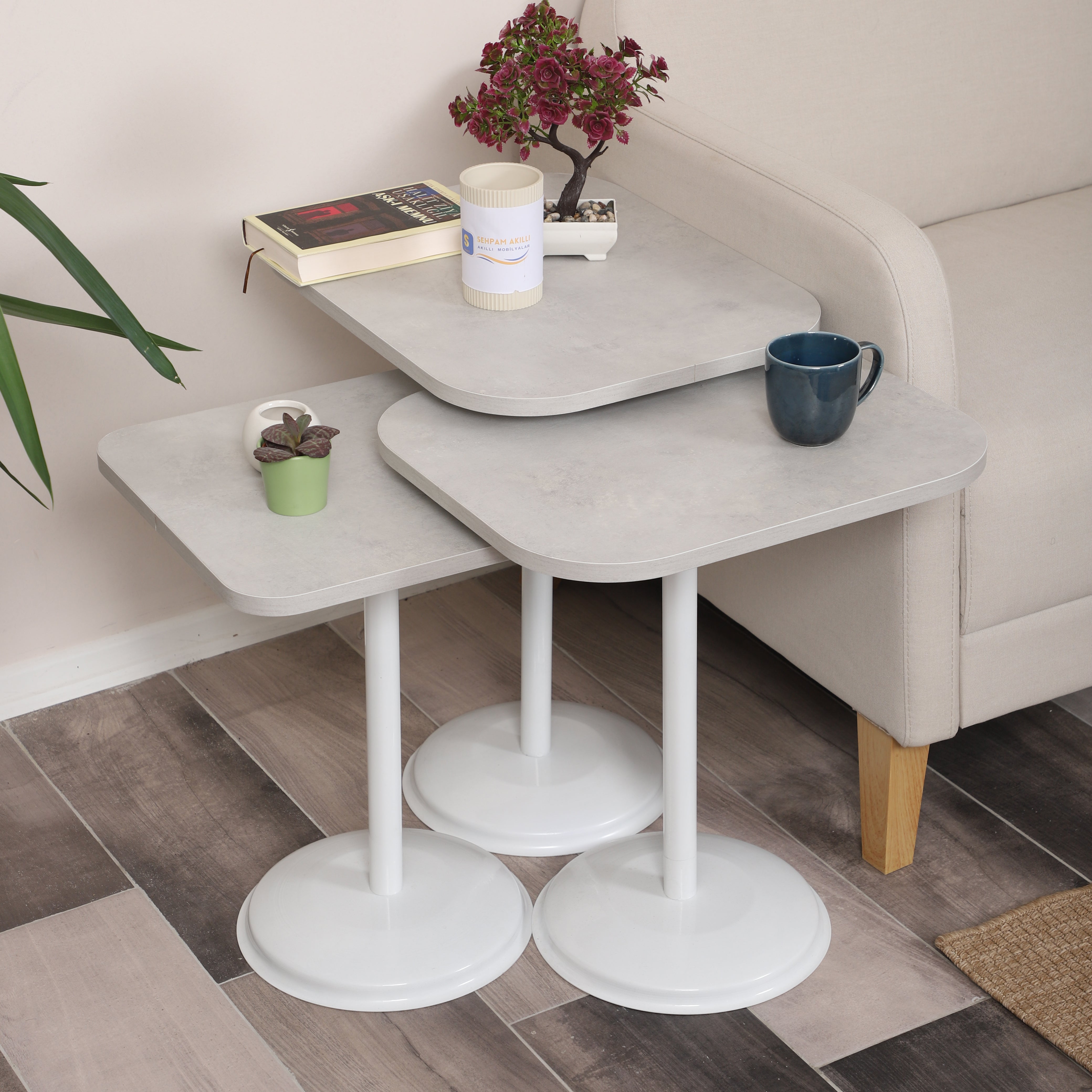 Vertino Nesting Table Series - Retro Stone MDF Top, White Iron Mechanism