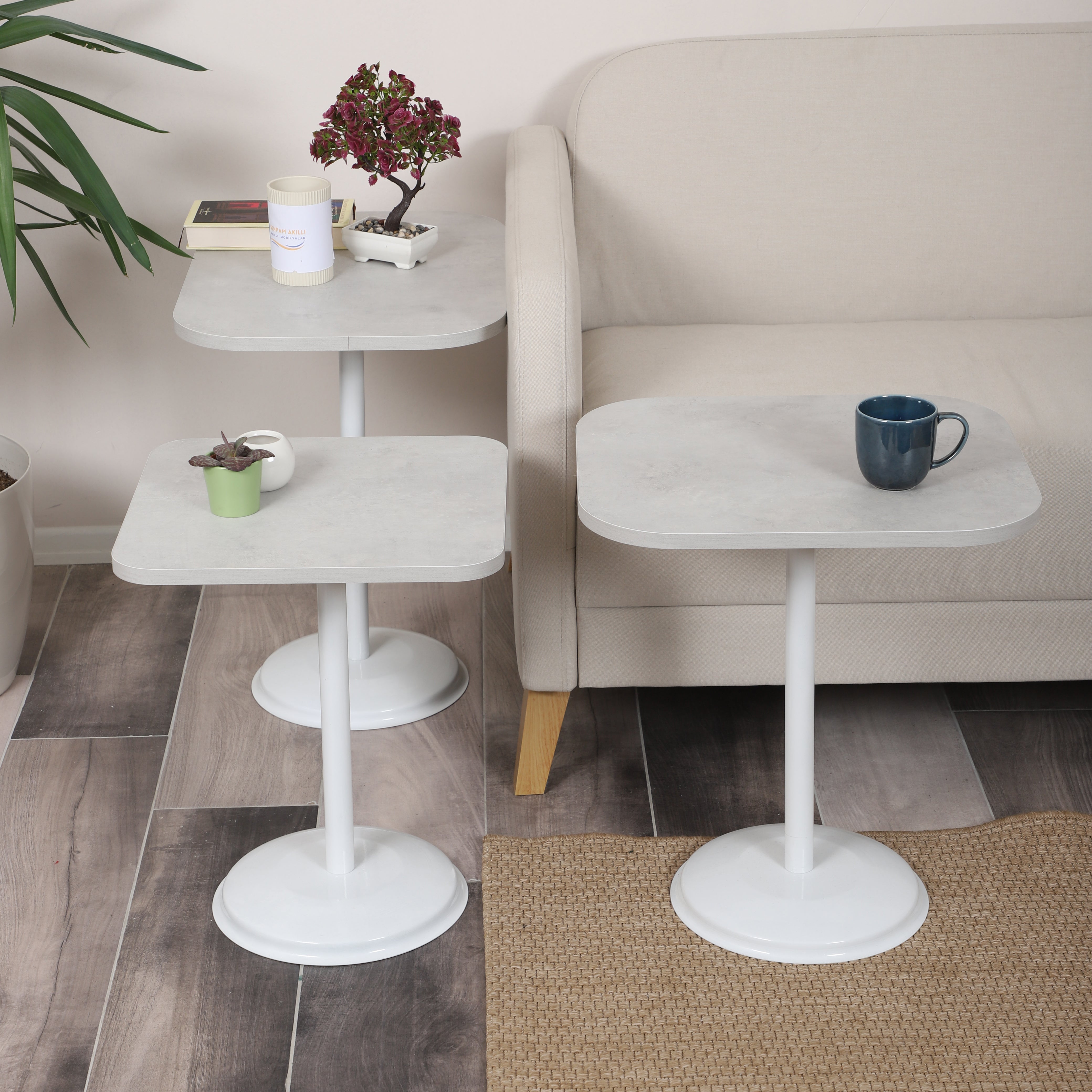 Vertino Nesting Table Series - Retro Stone MDF Top, White Iron Mechanism