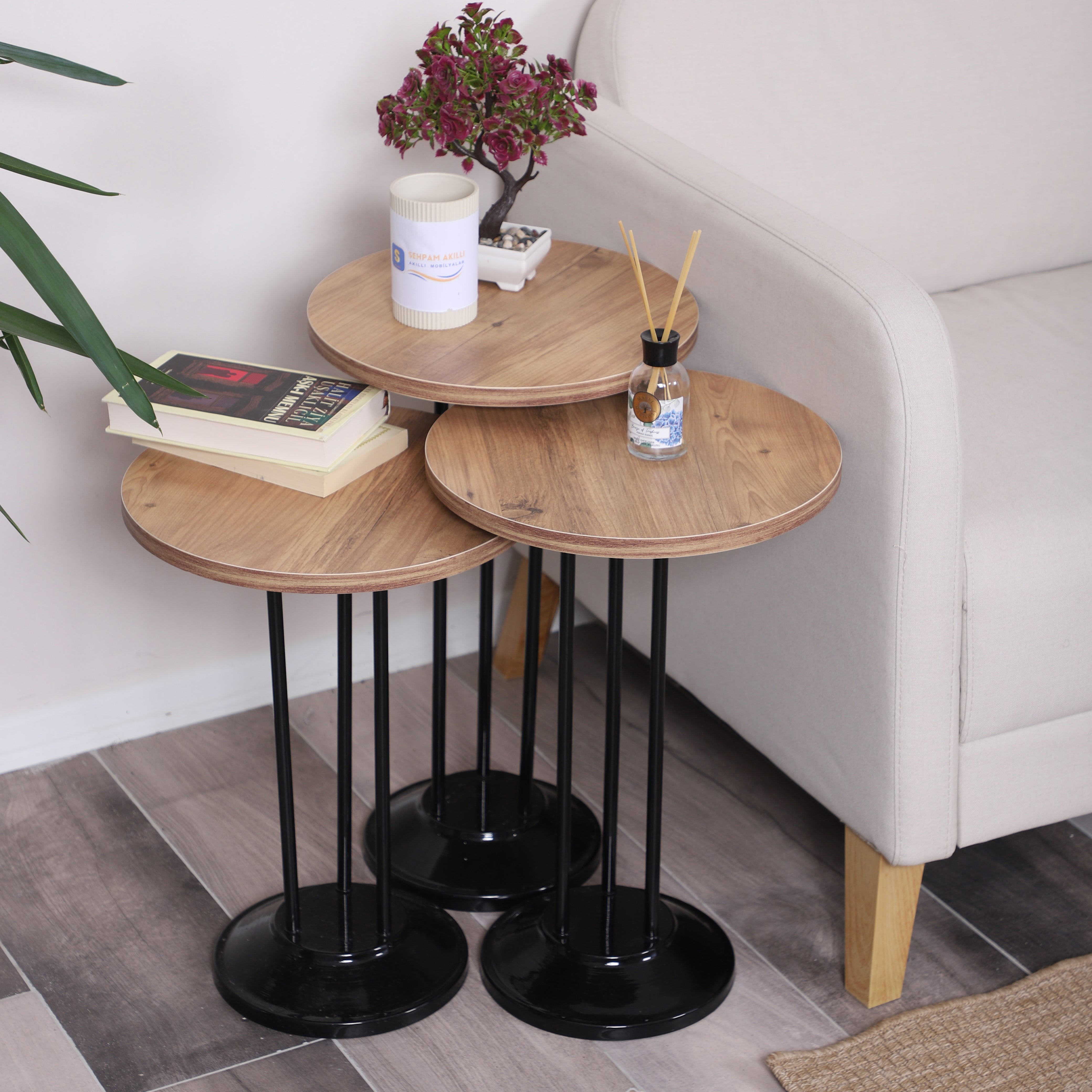 Marbella Nesting Table Series - Efescam MDF Top, Black Iron Mechanism
